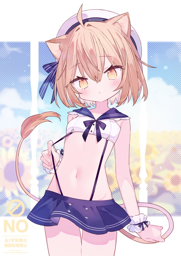mizumizu (phoenix), rurudo lion, indie virtual youtuber, 1girl, animal ears, blue sailor collar, blue skirt, blush, brown hair, hat, lion ears, lion girl, lion tail, looking at viewer, midriff, navel, sailor collar, sailor hat, short hair, skirt, solo, suspenders, tail, virtual youtuber, yellow eyes