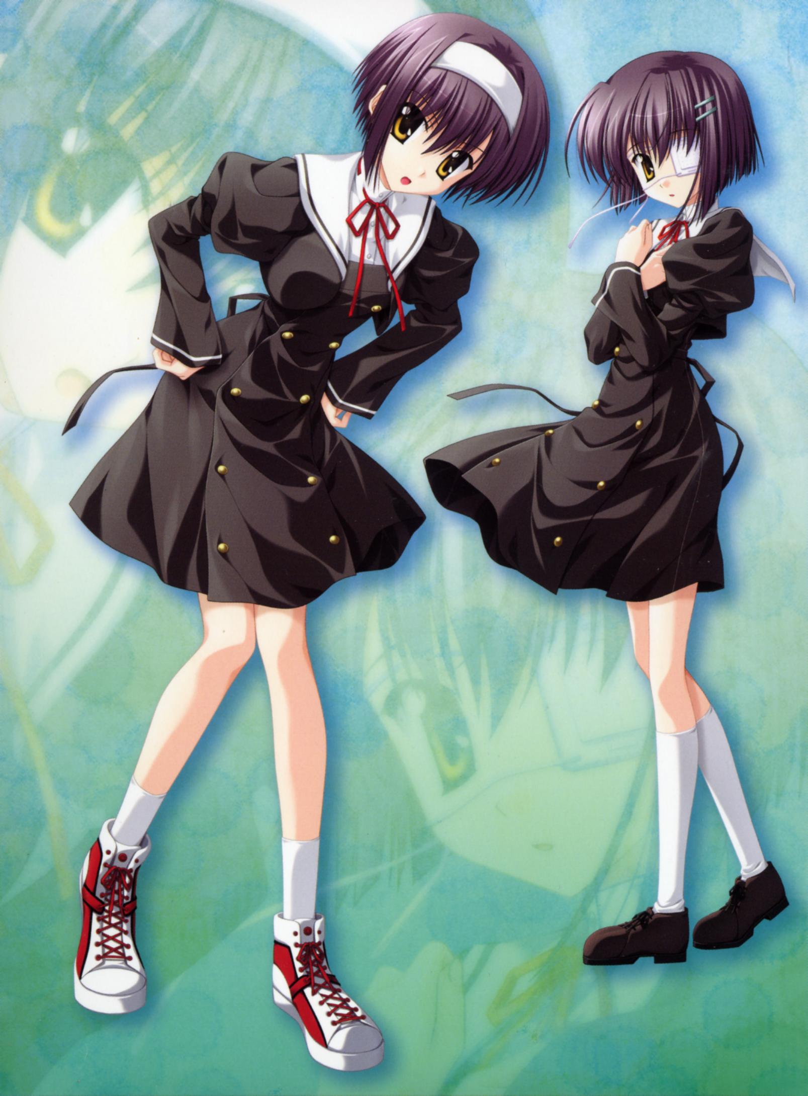 nanao naru, shindou chihiro, shindou kei (ef), ef (visual novel), highres, scan, 00s, 2girls, eyepatch, legs, multiple girls, school uniform, serafuku, siblings, sisters, twins