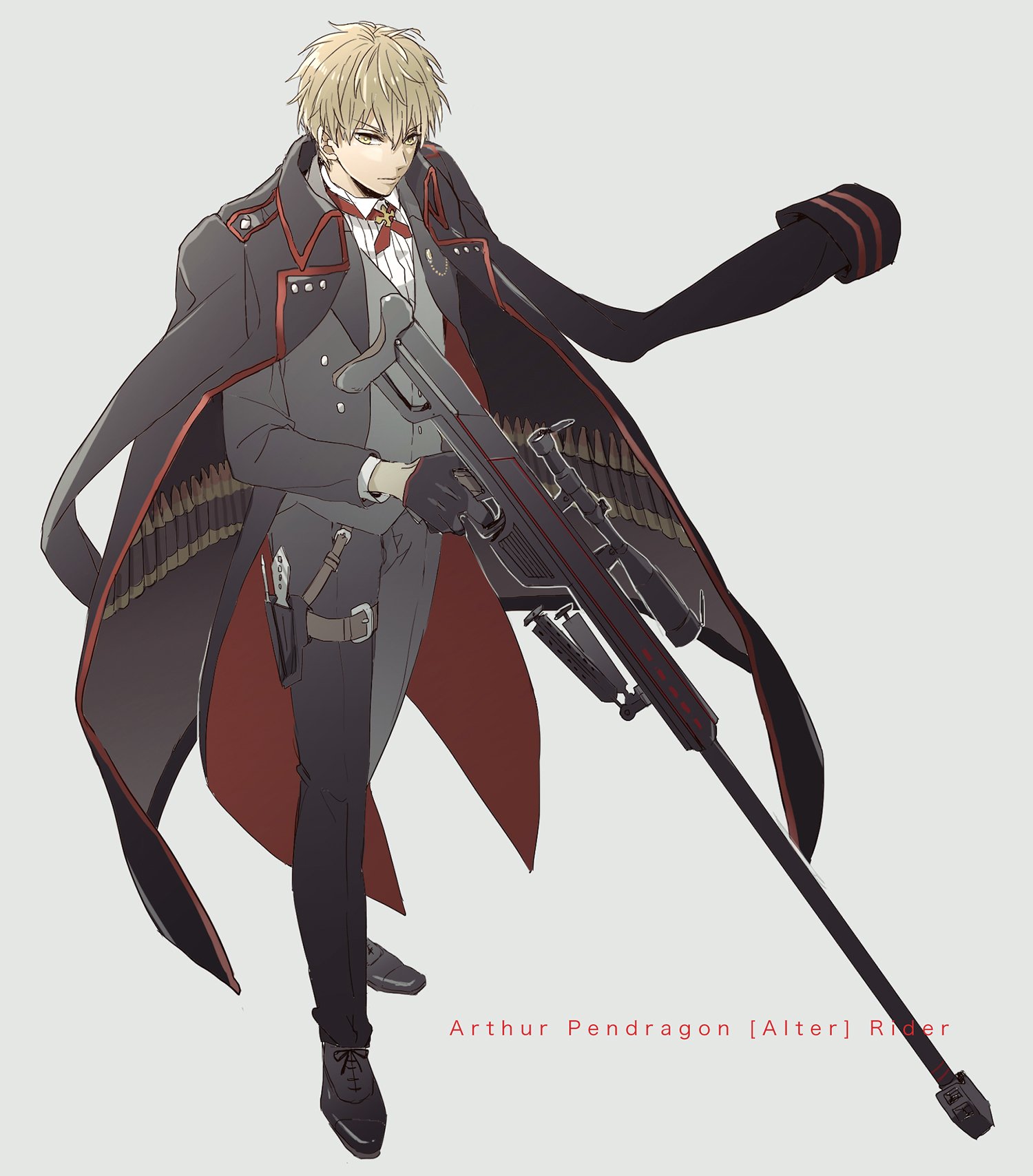 date (toybox), arthur pendragon (fate), arthur pendragon alter (fate), fate/prototype, fate (series), commentary request, highres, weapon request, 1boy, assault rifle, belt, black coat, black gloves, black jacket, black pants, black shoes, blonde hair, brown belt, bullet, buttons, character name, closed mouth, coat, collared coat, collared shirt, cross, dagger, floating clothes, full body, gloves, grey vest, gun, hair between eyes, holding, holding gun, holding weapon, jacket, knife, lapels, long sleeves, looking at viewer, male focus, multicolored jacket, open clothes, open coat, open jacket, pants, red jacket, rifle, shirt, shoes, short hair, simple background, solo, striped clothes, striped shirt, thigh belt, thigh strap, two-tone jacket, v-shaped eyebrows, vest, weapon, white background, white shirt, yellow eyes