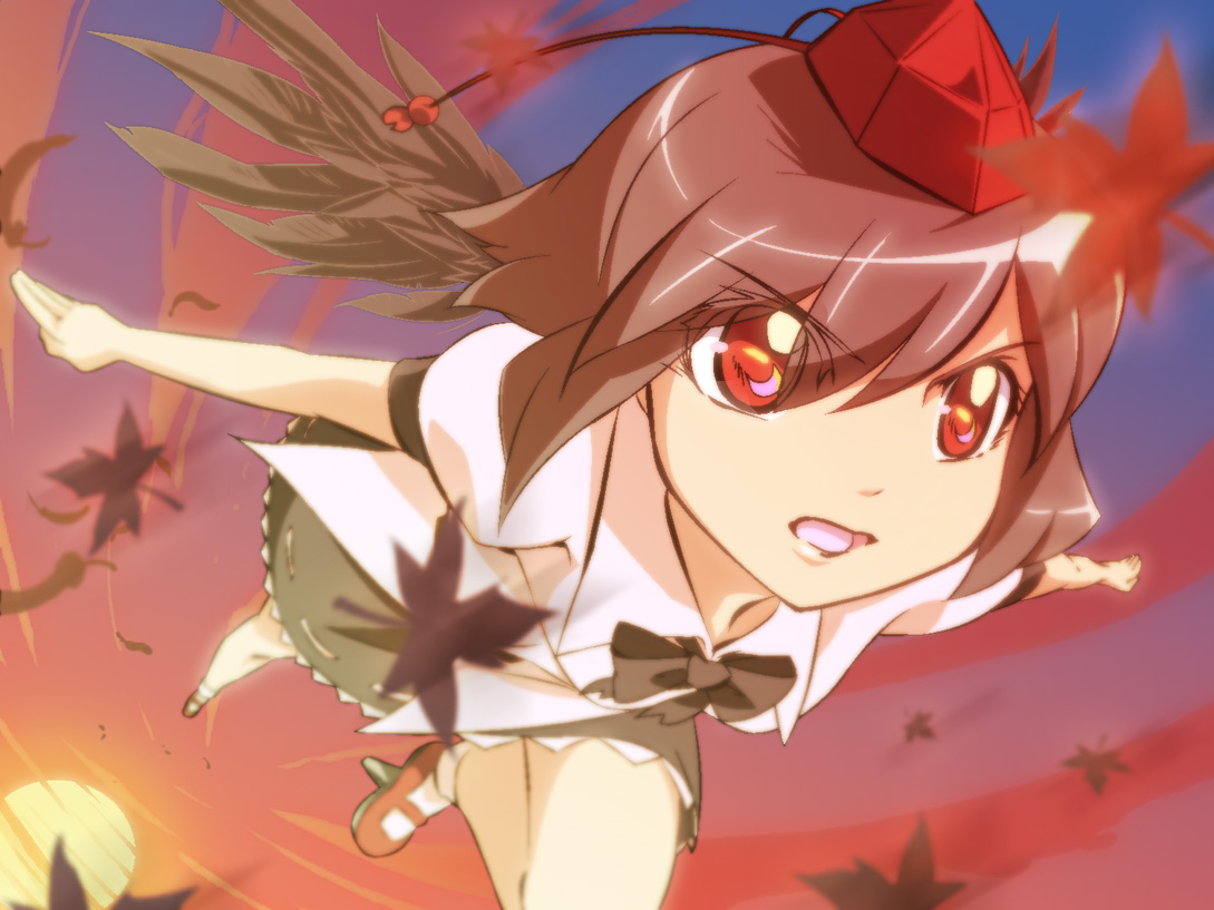 shokkin, shameimaru aya, touhou, looking away, 1girl, close-up, female focus, flying, foreshortening, geta, hat, open mouth, serious, solo, tengu-geta