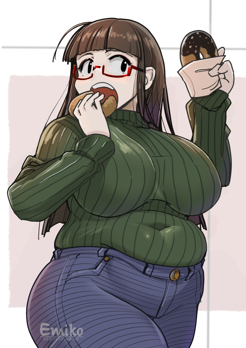 nekokami, kobayakawa horan, original, commentary request, 1girl, blue pants, blunt bangs, breasts, brown hair, covered navel, cowboy shot, eating, food, glasses, holding, holding food, huge breasts, long hair, long sleeves, muffin top, open mouth, pants, plump, red-framed eyewear, ribbed sweater, semi-rimless eyewear, solo, sweater, teeth, thick thighs, thighs, turtleneck, turtleneck sweater, under-rim eyewear, upper teeth only