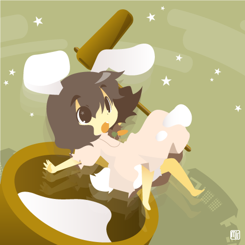 misaki, misaki (1n1m), inaba tewi, touhou, lowres, 1girl, barefoot, chibi, female focus, food, kine, mallet, mochi, solo, wagashi
