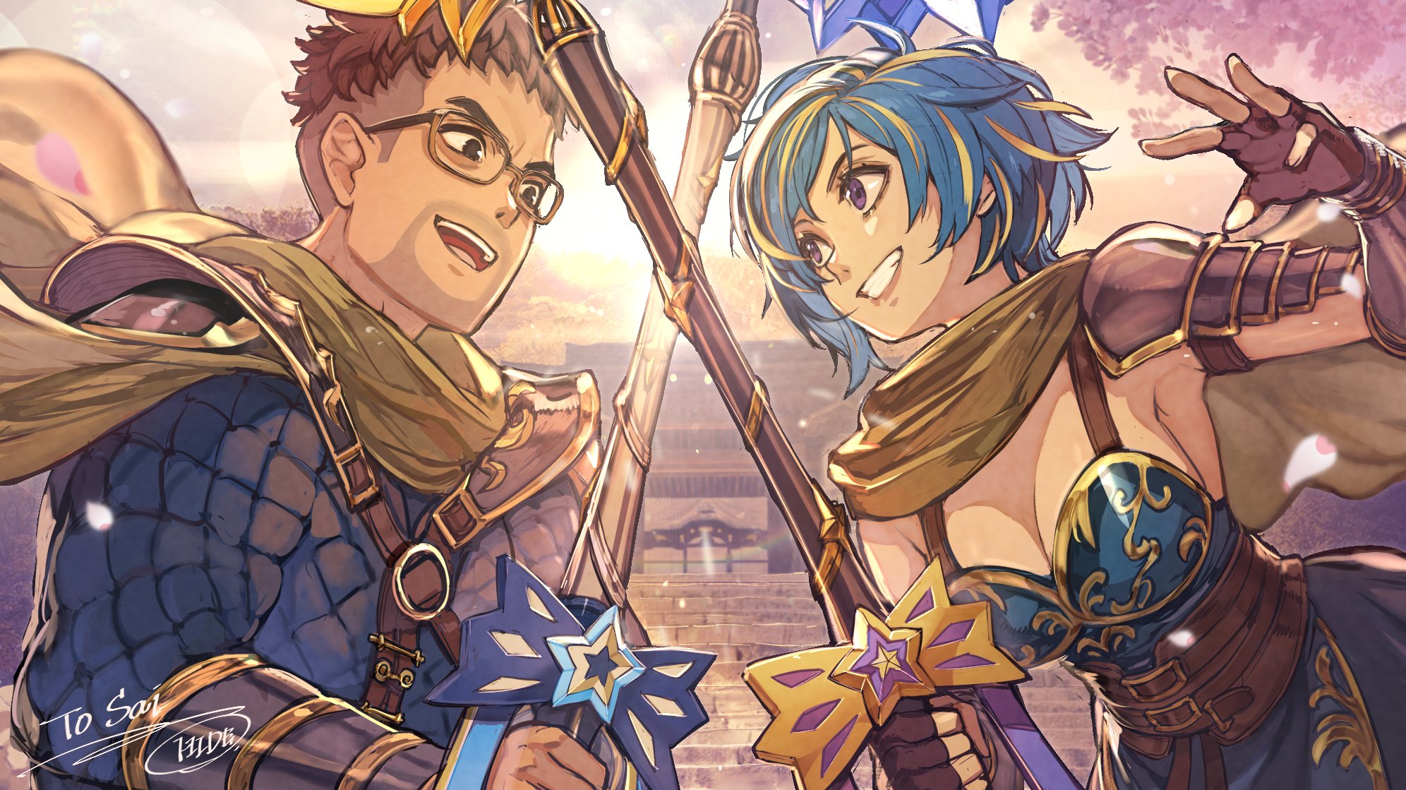 hide (hideout), character request, commission, copyright request, highres, 1boy, 1girl, black eyes, blonde hair, blue hair, blurry, blurry background, breasts, cape, cleavage, holding, holding sword, holding weapon, large breasts, multicolored hair, purple eyes, short hair, streaked hair, sword, two-tone hair, upper body, weapon