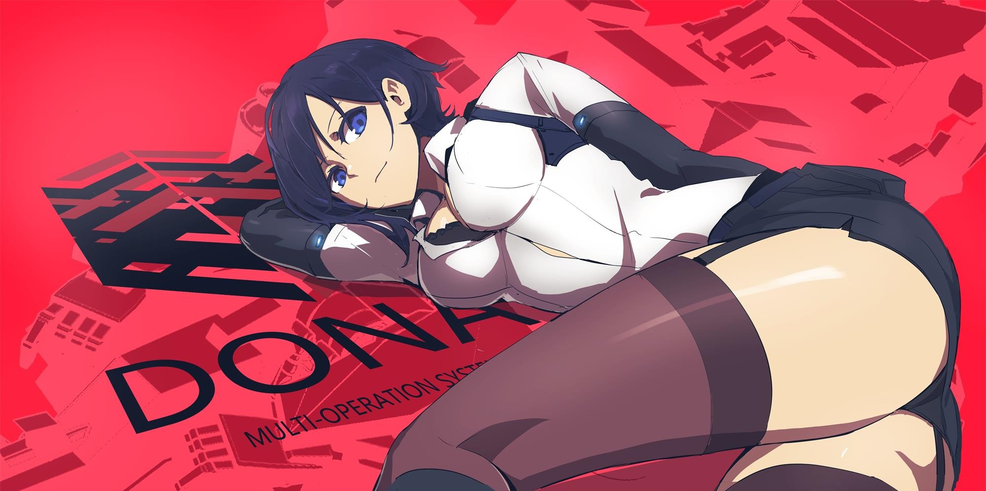 las91214, ciel (bird/binary), bird/binary, commentary, english commentary, highres, 1girl, black bra, blue eyes, blue hair, bra, breasts, closed mouth, collared shirt, feet out of frame, garter straps, long sleeves, looking at viewer, medium breasts, shirt, short hair, smile, solo, thighhighs, underwear, white shirt