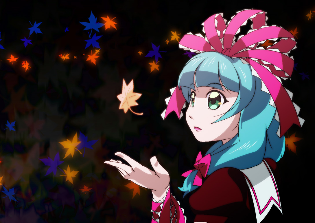 shokkin, kagiyama hina, touhou, 1girl, :o, bow, bowtie, female focus, frills, from side, front ponytail, green eyes, green hair, hair bow, leaf, matching hair/eyes, parted lips, puffy short sleeves, puffy sleeves, red bow, red bowtie, shawl, short hair, short sleeves, solo, upper body