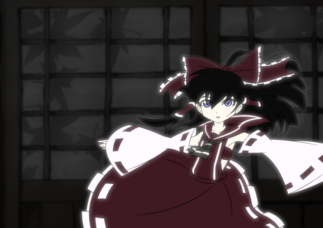 shokkin, hakurei reimu, touhou, 1girl, blue eyes, brown hair, creepy, detached sleeves, dress, female focus, horror (theme), looking at viewer, red dress, ribbon-trimmed sleeves, ribbon trim, solo