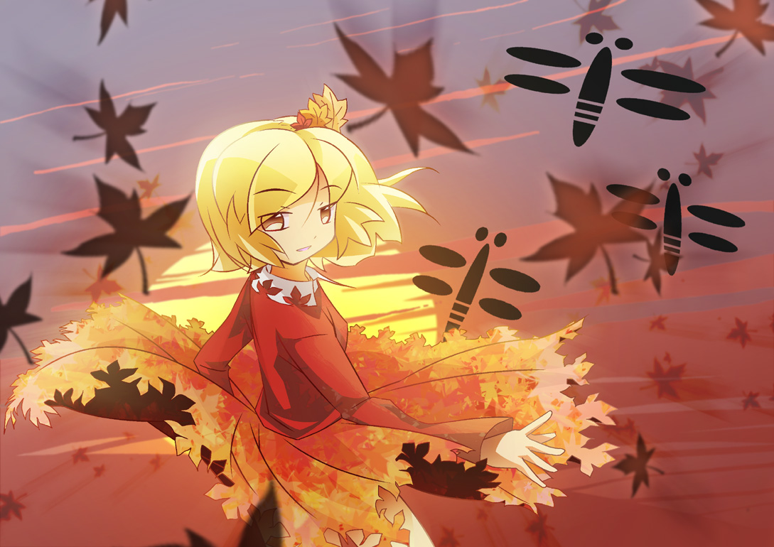 shokkin, aki shizuha, touhou, 1girl, autumn, blonde hair, dress, female focus, hair ornament, leaf, leaf hair ornament, maple leaf, short hair, solo, sunset, yellow eyes