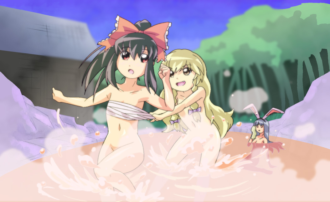 shokkin, hakurei reimu, kirisame marisa, reisen udongein inaba, touhou, 3girls, black hair, blonde hair, bow, censored, convenient censoring, female focus, hair bow, hair over breasts, multiple girls, nude, onsen, same-sex bathing, sarashi, shared bathing