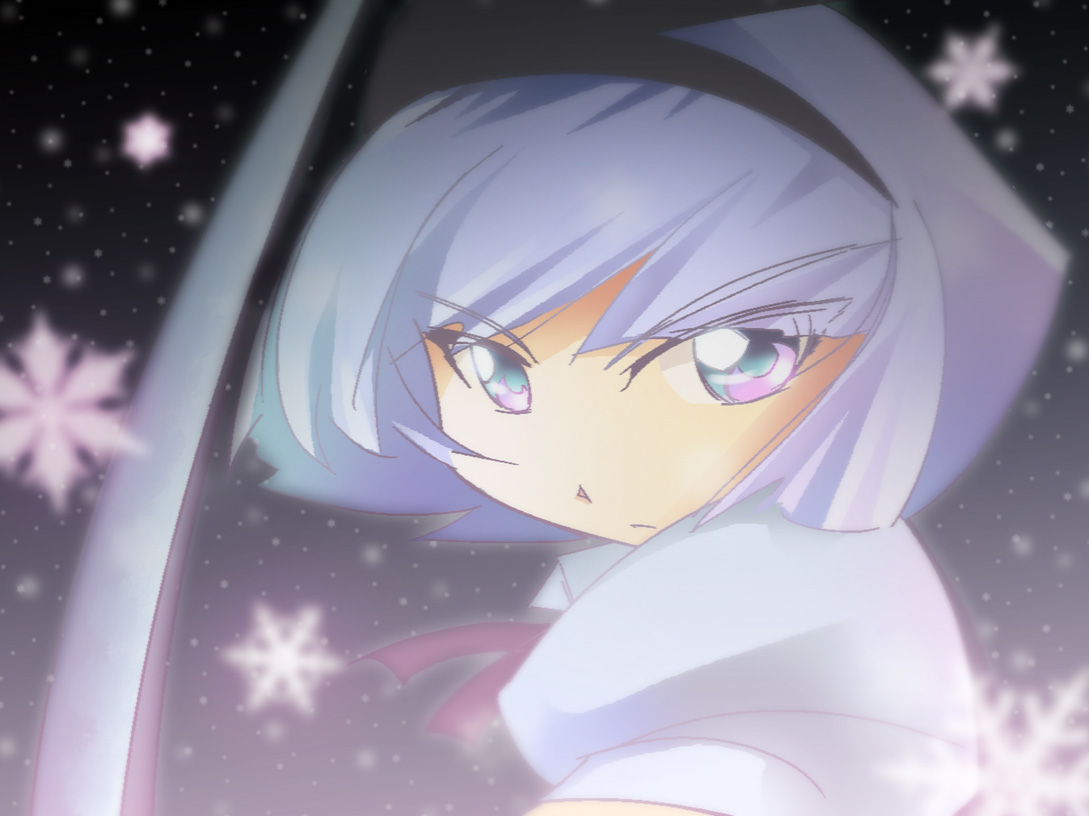 shokkin, konpaku youmu, touhou, silver hair, 1girl, female focus, katana, looking at viewer, purple eyes, short hair, snowflakes, solo, sword, upper body, weapon