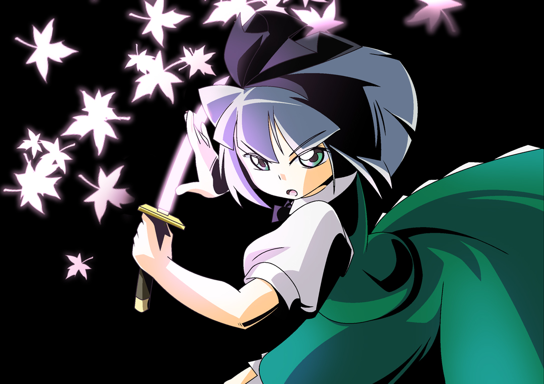 shokkin, konpaku youmu, touhou, 1girl, female focus, katana, leaf, plant, skirt, solo, sword, weapon