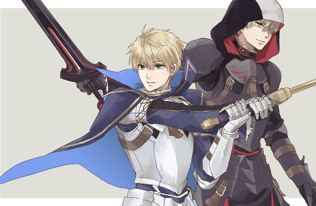 date (toybox), arthur pendragon (fate), arthur pendragon alter (fate), fate/prototype, fate (series), 2boys, armor, belt, black armor, black hood, blonde hair, blue cape, blue shirt, border, breastplate, brown belt, cape, closed mouth, dual persona, excalibur (fate/prototype), faulds, floating cape, full armor, fur-trimmed sleeves, fur trim, gauntlets, green eyes, grey background, hair between eyes, hair over one eye, hand up, hands up, holding, holding sword, holding weapon, long sleeves, looking at viewer, looking to the side, male focus, multiple boys, outside border, pauldrons, shirt, short hair, shoulder armor, simple background, smile, sword, teeth, weapon, white armor, white border, yellow eyes