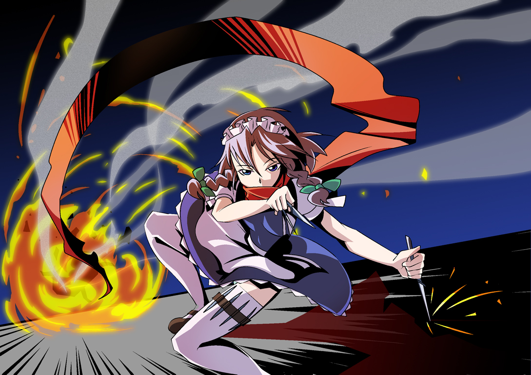 shokkin, izayoi sakuya, strider hiryuu, capcom, strider (video game), touhou, uniform, 1girl, brown hair, clenched hand, explosion, female focus, fire, looking at viewer, ninja, parody, red scarf, scarf, silhouette, solo, spiked hair