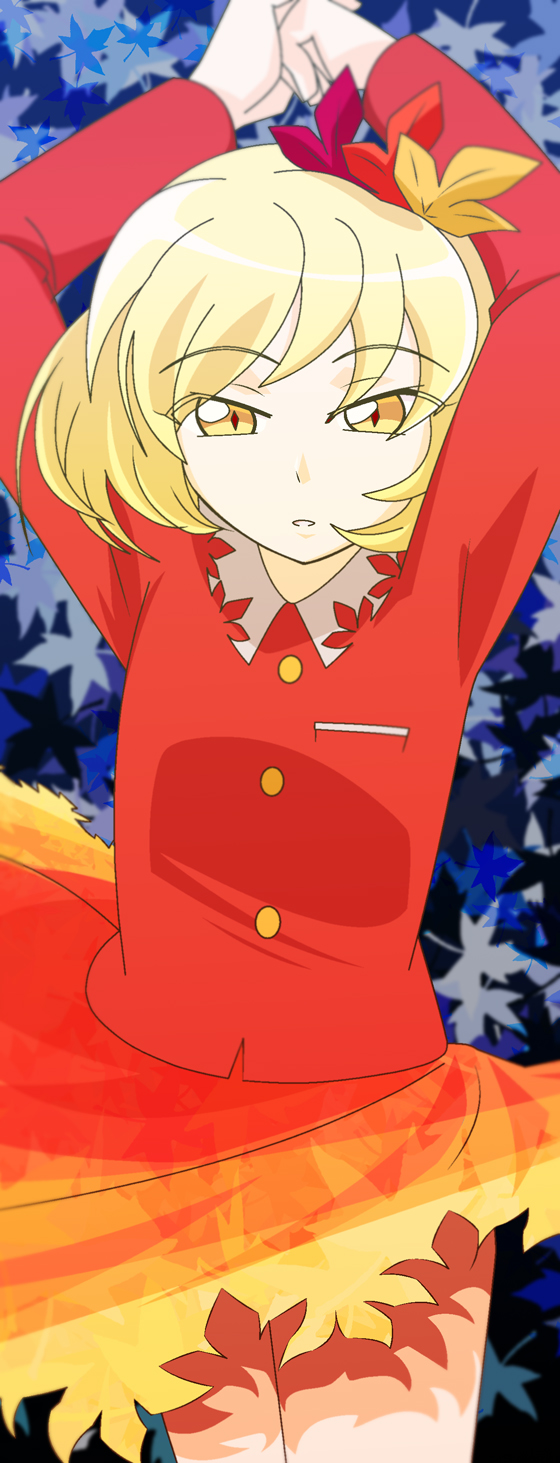 shokkin, aki shizuha, touhou, highres, 1girl, blonde hair, female focus, hair ornament, leaf, leaf hair ornament, skirt, solo