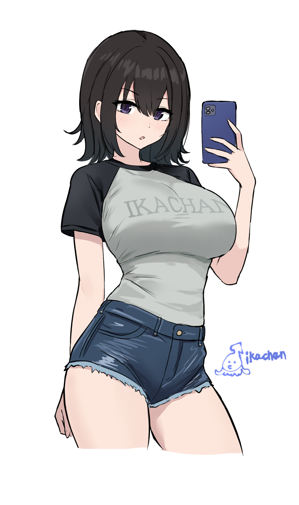 ikachan (norach57), original, commentary request, highres, 1girl, asagiri miona (ikachan (norach57)), black hair, blue shorts, breasts, clothes writing, contrapposto, cropped legs, cutoffs, denim, denim shorts, hand up, holding, holding phone, large breasts, looking at viewer, medium hair, parted lips, phone, purple eyes, raglan sleeves, shirt, shirt tucked in, short shorts, short sleeves, shorts, simple background, solo, thighs, white background, white shirt
