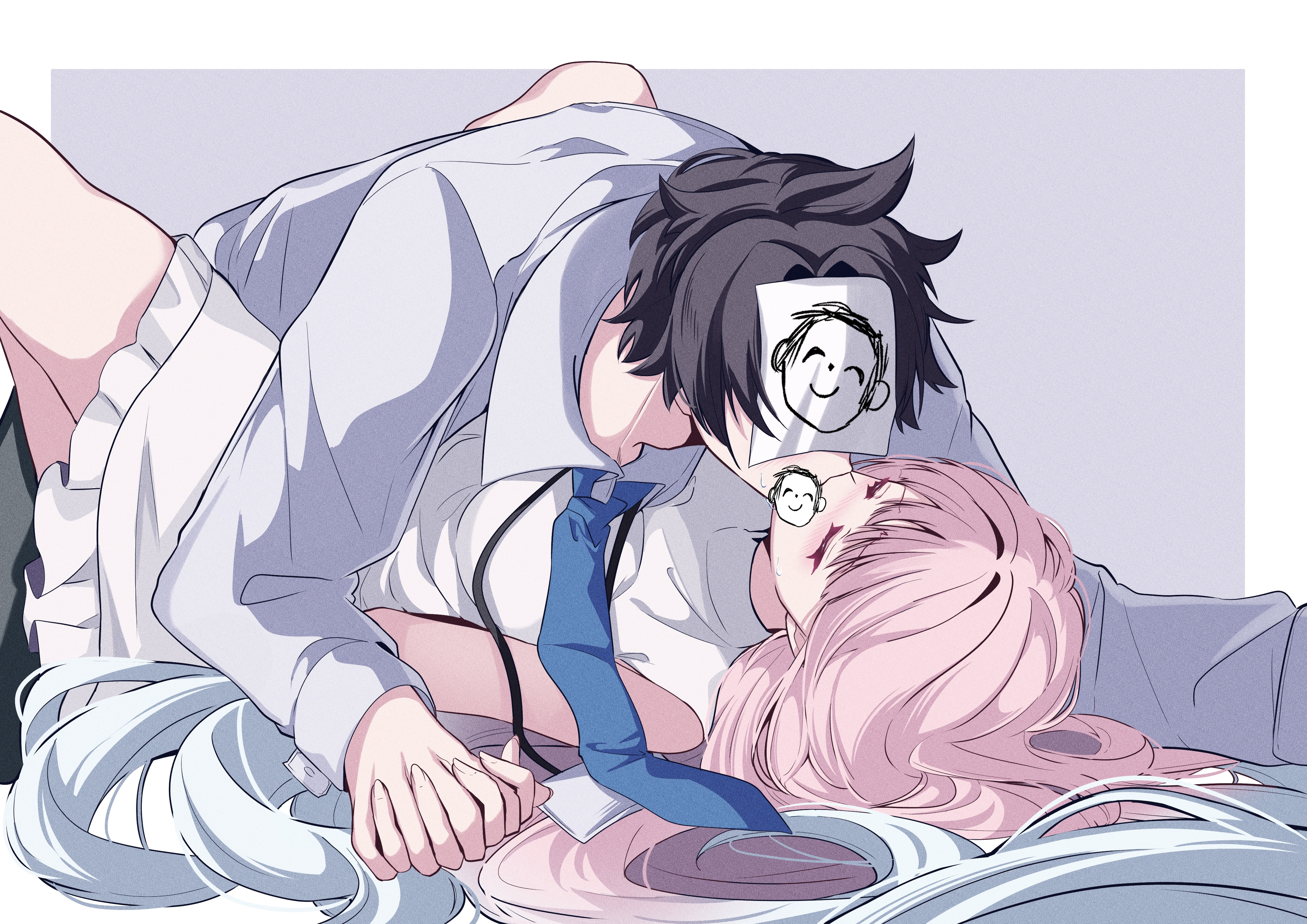 eugeo 032, doodle sensei (blue archive), mika (blue archive), sensei (blue archive), blue archive, absurdres, commentary, highres, paid reward available, 1boy, 1girl, adam's apple, bare arms, between thighs, black hair, black pants, blue necktie, blush, border, boy on top, breasts, censored, censored kiss, character censor, closed eyes, collared shirt, couple, covered face, curtained hair, dress, dress pants, dress shirt, face-to-face, frilled dress, frills, furrowed brow, gradient hair, grey background, hair down, hair spread out, hetero, holding hands, interlocked fingers, kiss, lanyard, light frown, long hair, lying, lying on person, medium breasts, multicolored hair, necktie, nose blush, novelty censor, on back, pants, paper on head, pink hair, shirt, short dress, short hair, simple background, sleeveless, sleeveless dress, spread legs, sweatdrop, two-tone hair, u u, very long hair, very short hair, white border, white dress, white hair, white shirt, wing collar