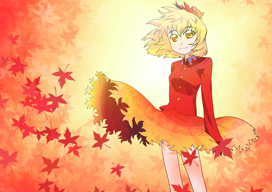 shokkin, aki shizuha, touhou, 1girl, blonde hair, dress, female focus, hair ornament, leaf, leaf hair ornament, maple leaf, short hair, solo, yellow eyes