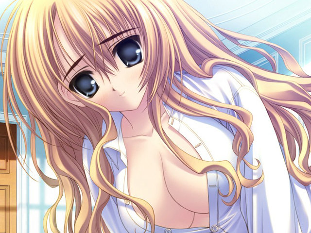 norita, itsukushima takako, otome wa boku ni koishiteru, game cg, 00s, 1girl, blonde hair, blue eyes, breasts, cleavage, female focus, large breasts, long hair, smile, solo