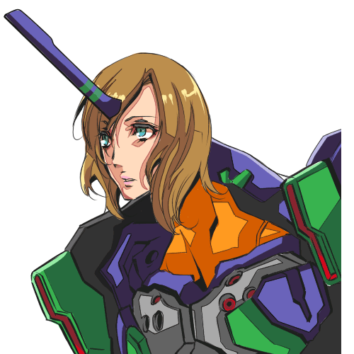 tetsubuta, eva (metal gear), eva 01, metal gear (series), metal gear solid 3: snake eater, neon genesis evangelion, bad id, bad pixiv id, lowres, 1girl, female focus, mecha musume, name connection, parody, personification, pun, solo, what