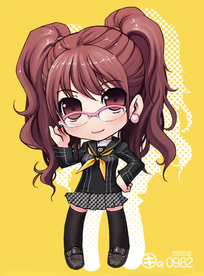 kei jiei, kujikawa rise, atlus, persona, persona 4, 1girl, adjusting eyewear, brown eyes, brown hair, chibi, earrings, female focus, glasses, jewelry, pink-framed eyewear, short hair, solo, thighhighs, twintails