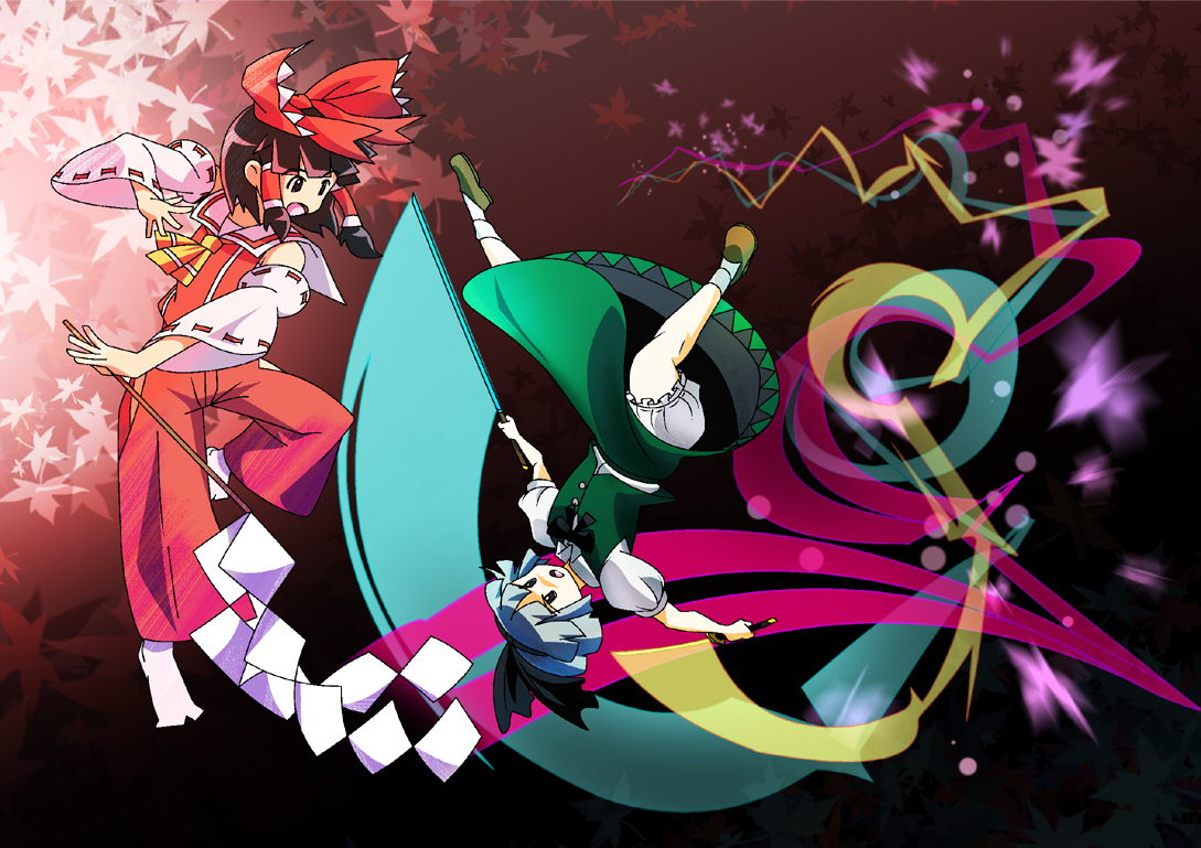 shokkin, hakurei reimu, konpaku youmu, touhou, 2girls, battle, female focus, gohei, gradient background, katana, multiple girls, skirt, sword, underwear, weapon