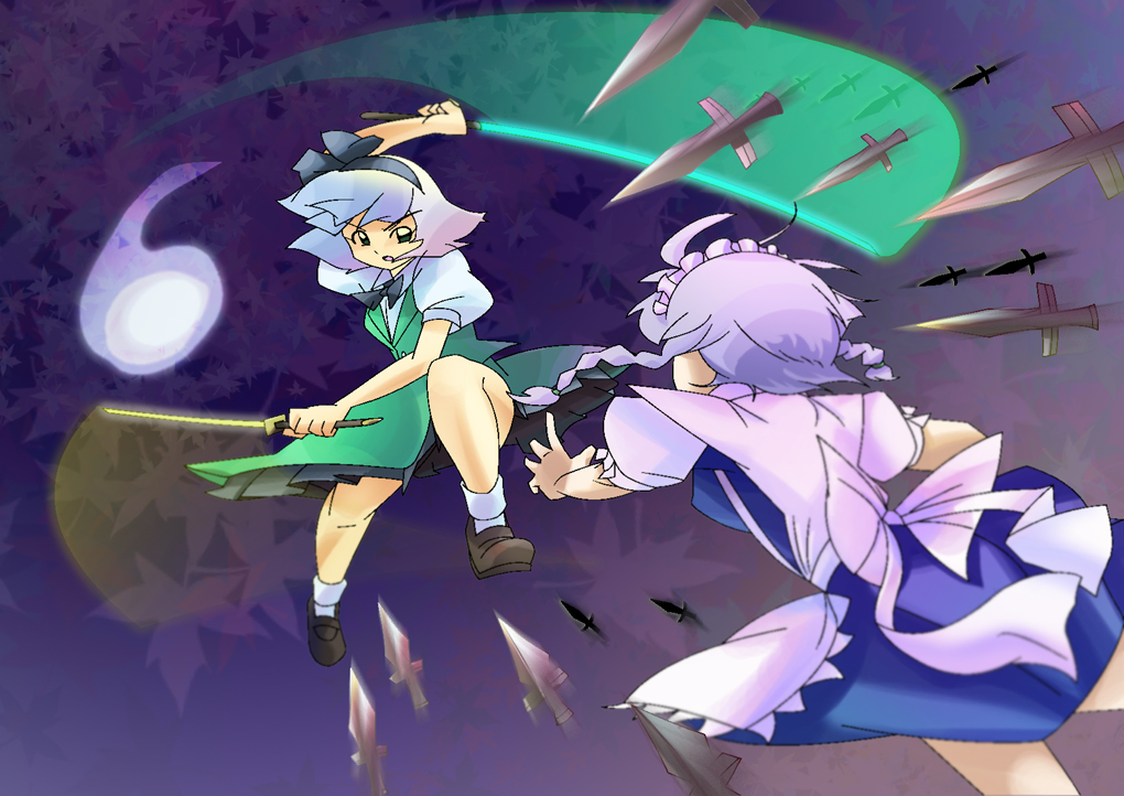 shokkin, izayoi sakuya, konpaku youmu, konpaku youmu (ghost), touhou, 2girls, battle, female focus, knife, multiple girls, throwing knife, weapon