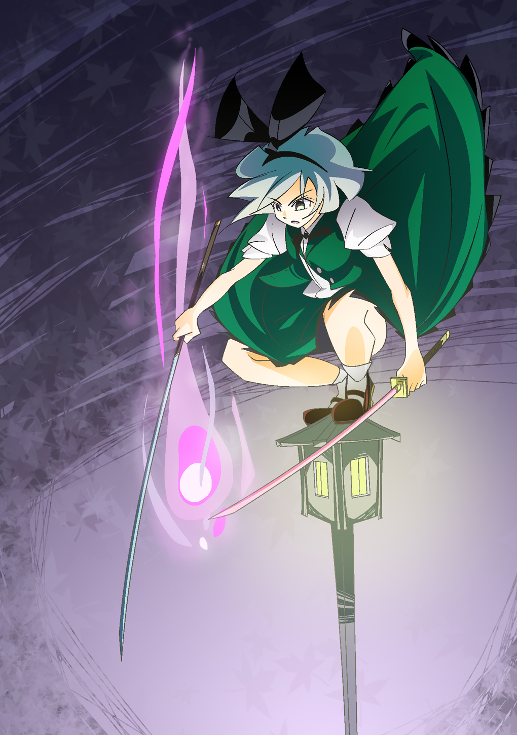 shokkin, konpaku youmu, konpaku youmu (ghost), touhou, highres, 1girl, dual wielding, female focus, hitodama, holding, katana, lamppost, solo, sword, tanto, weapon