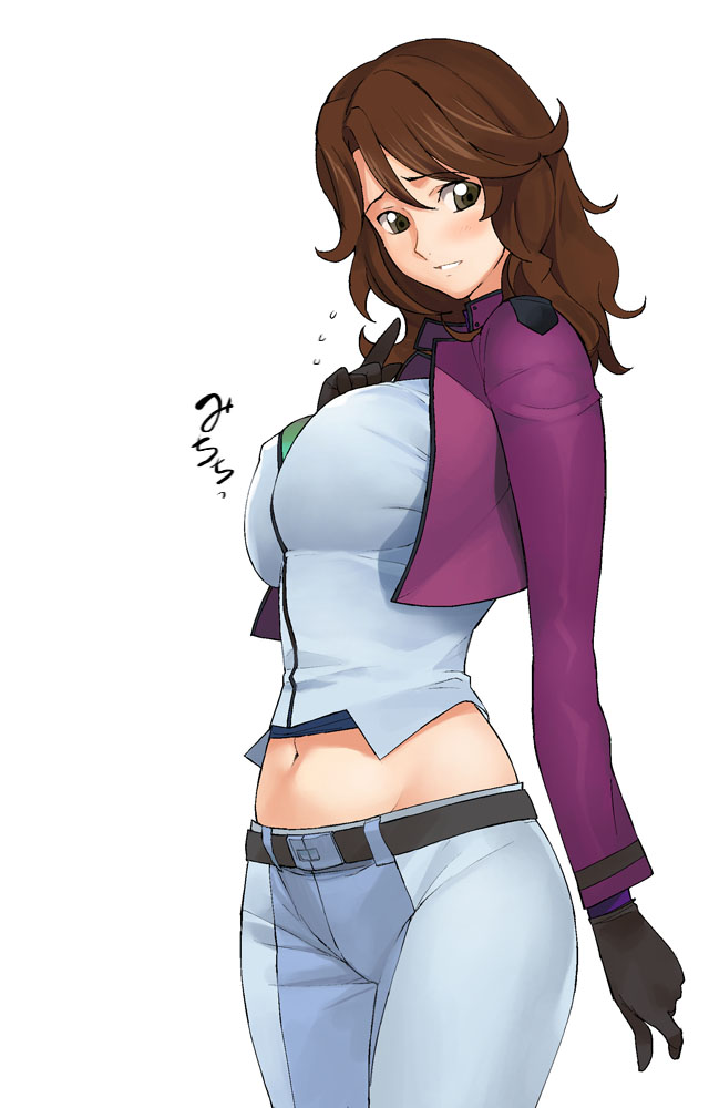 a1 (initial-g), sumeragi lee noriega, gundam, gundam 00, 00s, 1girl, belt, black gloves, blush, breasts, brown eyes, brown hair, bursting breasts, cowboy shot, crop top, cropped jacket, cropped legs, female focus, gloves, grey eyes, hair between eyes, hand on own chest, jacket, large breasts, long hair, long sleeves, looking at viewer, midriff, navel, pants, parted lips, purple jacket, simple background, smile, solo, white background