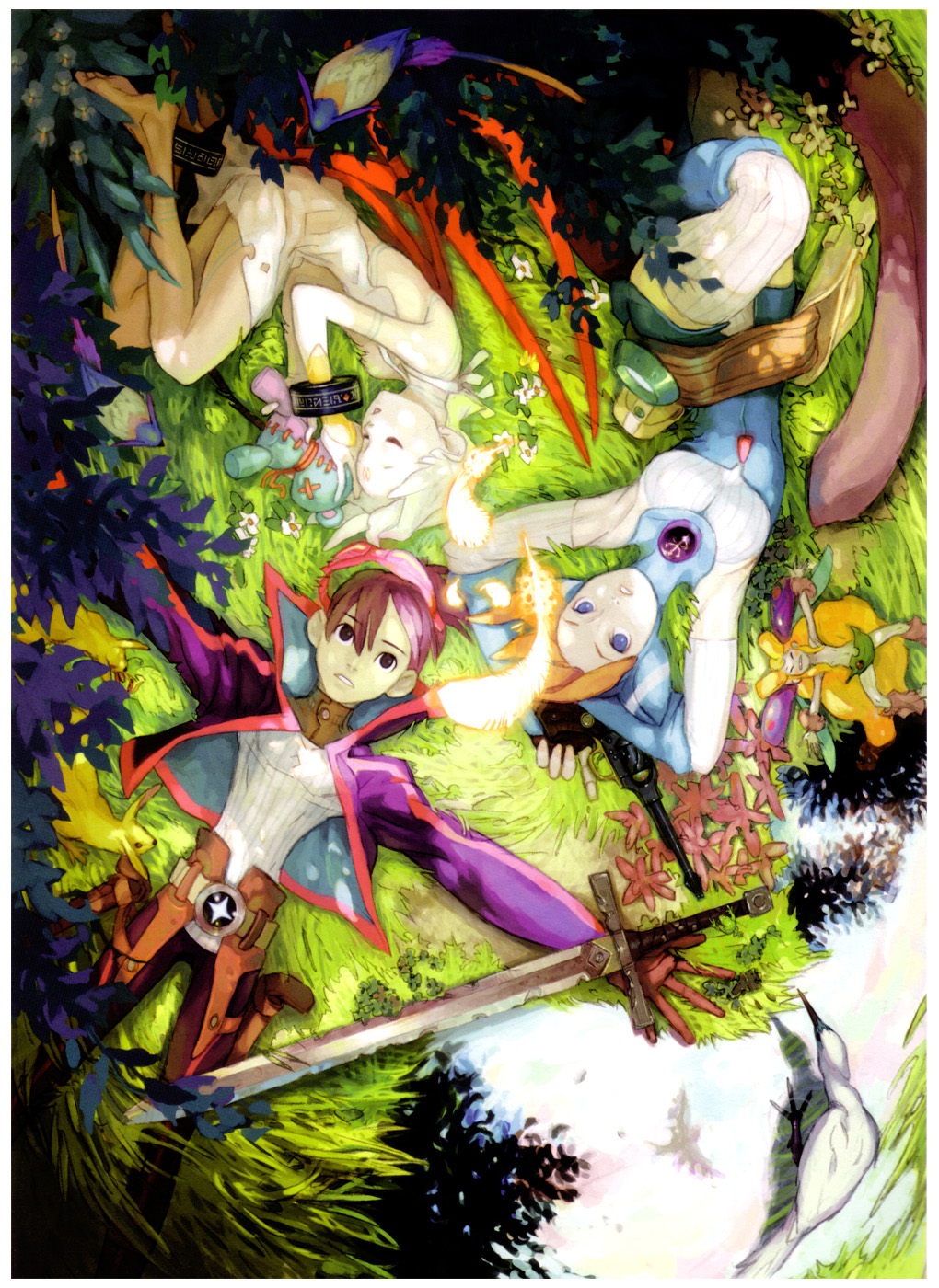 lin, yoshikawa tatsuya, lin (breath of fire), nina (breath of fire v), ryu (breath of fire v), breath of fire, breath of fire v, capcom, highres, official art, 1990s (style), 1boy, 2girls, barefoot, grass, lying, multiple girls, plant, retro artstyle, sleeping, sword, weapon