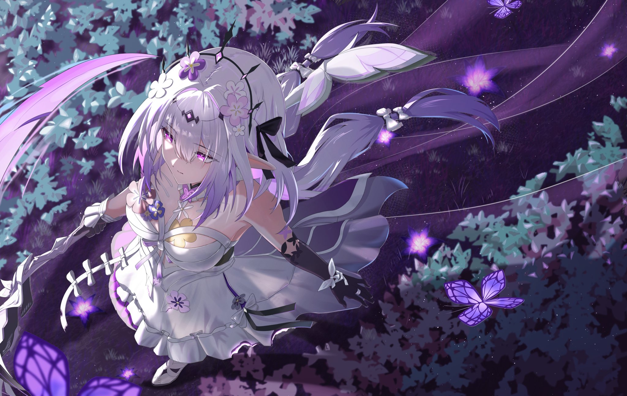 yonemasakouta, castorice (honkai: star rail), honkai: star rail, honkai (series), highres, 1girl, bare shoulders, black gloves, breasts, bug, butterfly, closed mouth, dress, elbow gloves, flower, from above, gloves, grass, hair flower, hair ornament, insect, long hair, medium breasts, pointy ears, purple butterfly, purple eyes, purple flower, purple theme, solo, twintails, very long hair, white dress, white hair