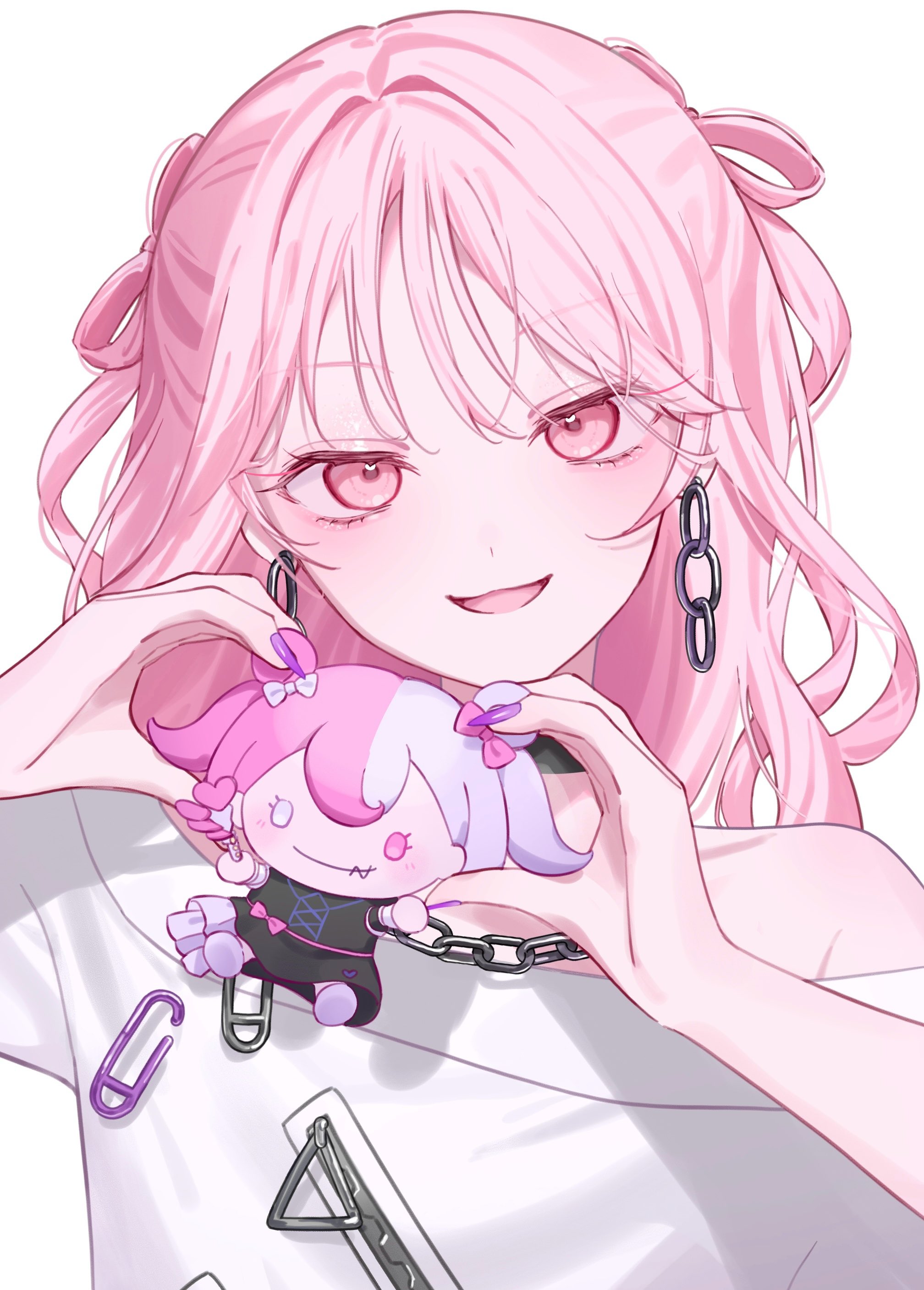 yumekairou rura, akiyama mizuki, project sekai, absurdres, highres, 1girl, 1other, androgynous, chain, character doll, choker, doll, earrings, heart, heart hands, jewelry, long hair, looking at viewer, official alternate costume, open mouth, pink eyes, pink hair, shirt, simple background, smile, solo, white background, white shirt