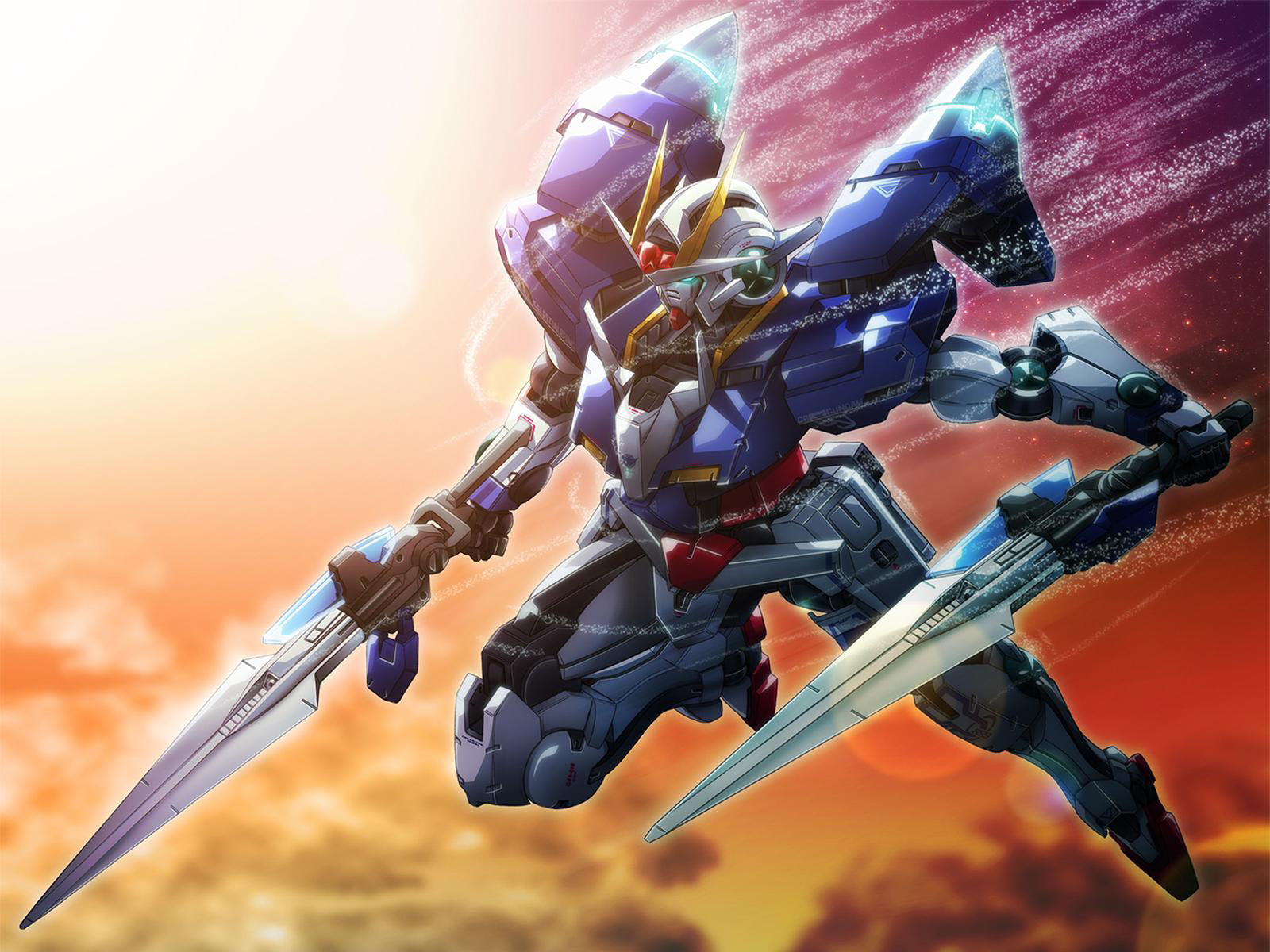 shigarami kyouma, 00 gundam, gundam, gundam 00, highres, 00s, armor, cloud, dual wielding, glowing, glowing eyes, green eyes, helmet, holding, light particles, machinery, mecha, no humans, robot, sky, solo, sword, twilight, weapon