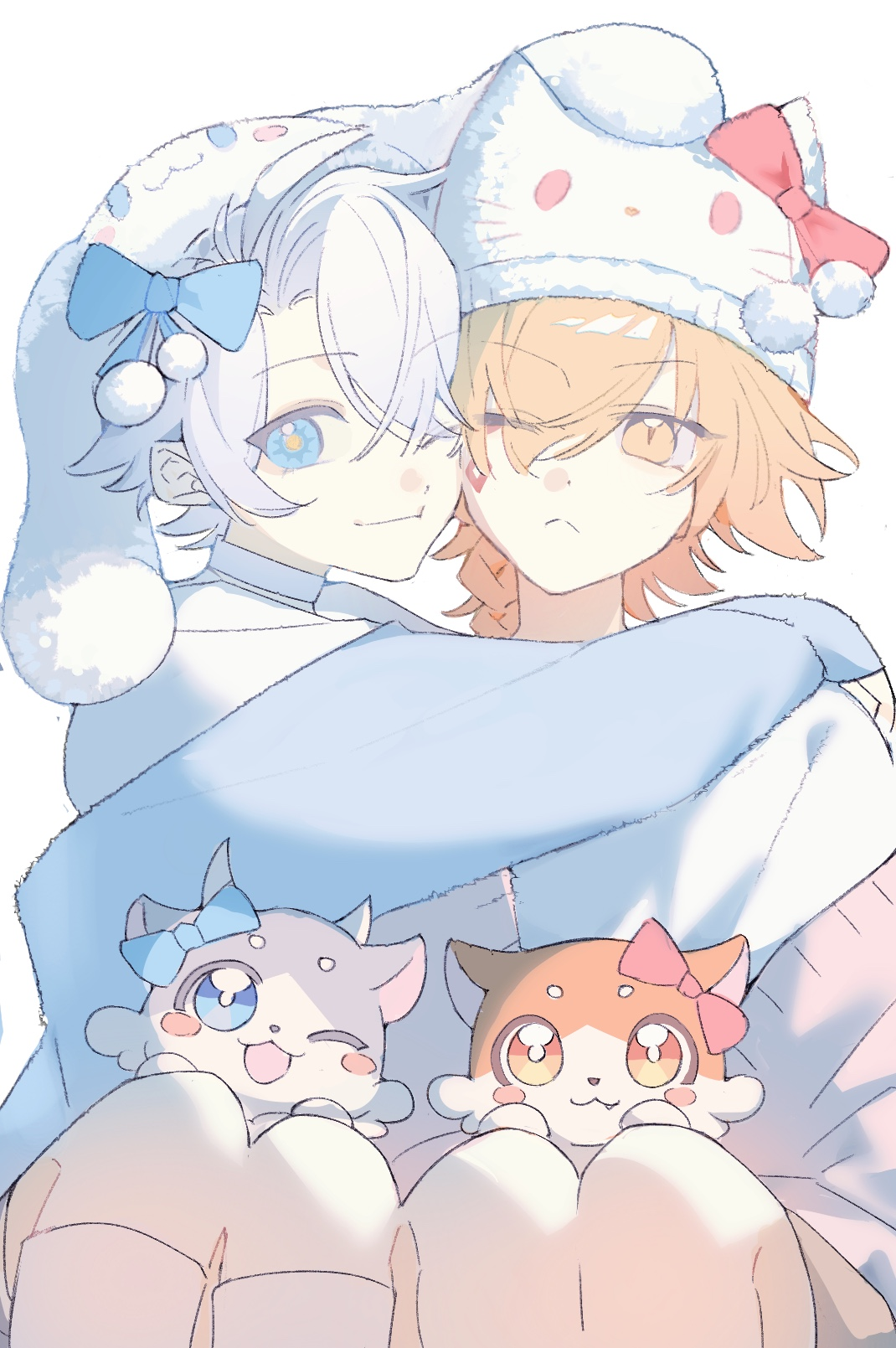cinnamoroll, hello kitty (character), mydei (fig stew) (honkai: star rail), mydei (honkai: star rail), phainon (honkai: star rail), phainon (vigethos) (honkai: star rail), hello kitty, honkai: star rail, honkai (series), sanrio, chinese commentary, commentary request, highres, 2boys, antenna hair, blonde hair, blue bow, blue eyes, bow, braid, character hat, chenxizhijiao, chimera (honkai: star rail), cinnamoroll (cosplay), cosplay, facial tattoo, gradient hair, hat, hug, male focus, medium hair, multicolored hair, multiple boys, one eye closed, parted bangs, red bow, red tattoo, shirt, short hair, side braid, simple background, socks, tattoo, white background, white hair, white hat, white shirt, white socks, yaoi, yellow eyes