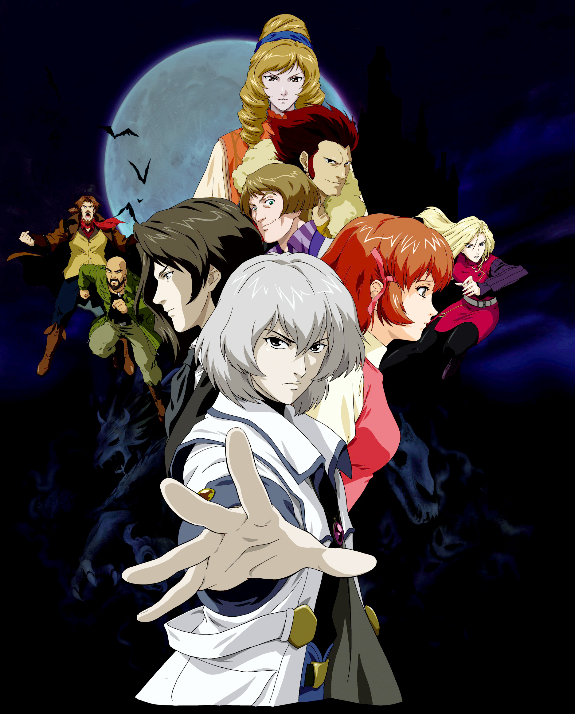 yoshikawa shin'ichi, alucard (castlevania), arikado genya, celia fortner, dario bossi, dmitrii blinov, graham jones, hakuba mina, hammer (castlevania), julius belmont, soma cruz, yoko belnades, castlevania: dawn of sorrow, castlevania (series), konami, silver hair, striped, highres, official art, scan, 3girls, 6+boys, bald, bat (animal), beard, belt, black hair, bob cut, boots, brown hair, coat, dhampir, dress, drill hair, everyone, facial hair, fighting stance, formal clothes, full moon, glowing, hair ribbon, half-human, jacket, jewelry, long hair, moon, multiple boys, multiple girls, necklace, necktie, open mouth, outstretched arm, outstretched hand, pale skin, pantyhose, profile, red hair, ribbon, scarf, short hair, sideburns, smile, smirk, suit, trench coat, twin drills, twintails, undead, vampire