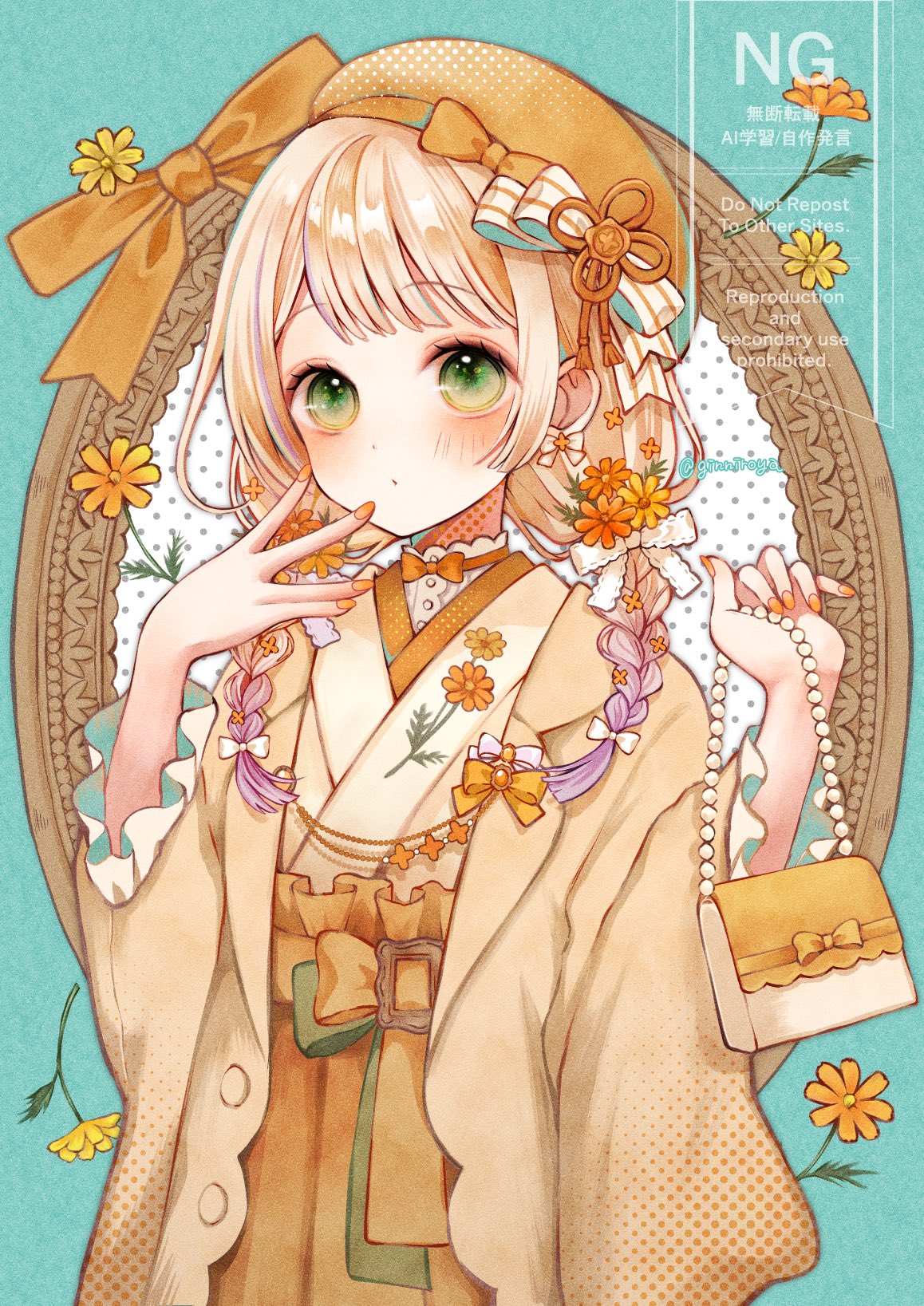 ginniroya, original, commentary, commission, highres, skeb commission, symbol-only commentary, 1girl, bag, blonde hair, blush, closed mouth, green eyes, hakama, hakama skirt, hand up, handbag, hat, holding, holding bag, japanese clothes, kimono, nail polish, orange hakama, orange hat, orange nails, short hair, skirt, solo, upper body, watermark, white kimono