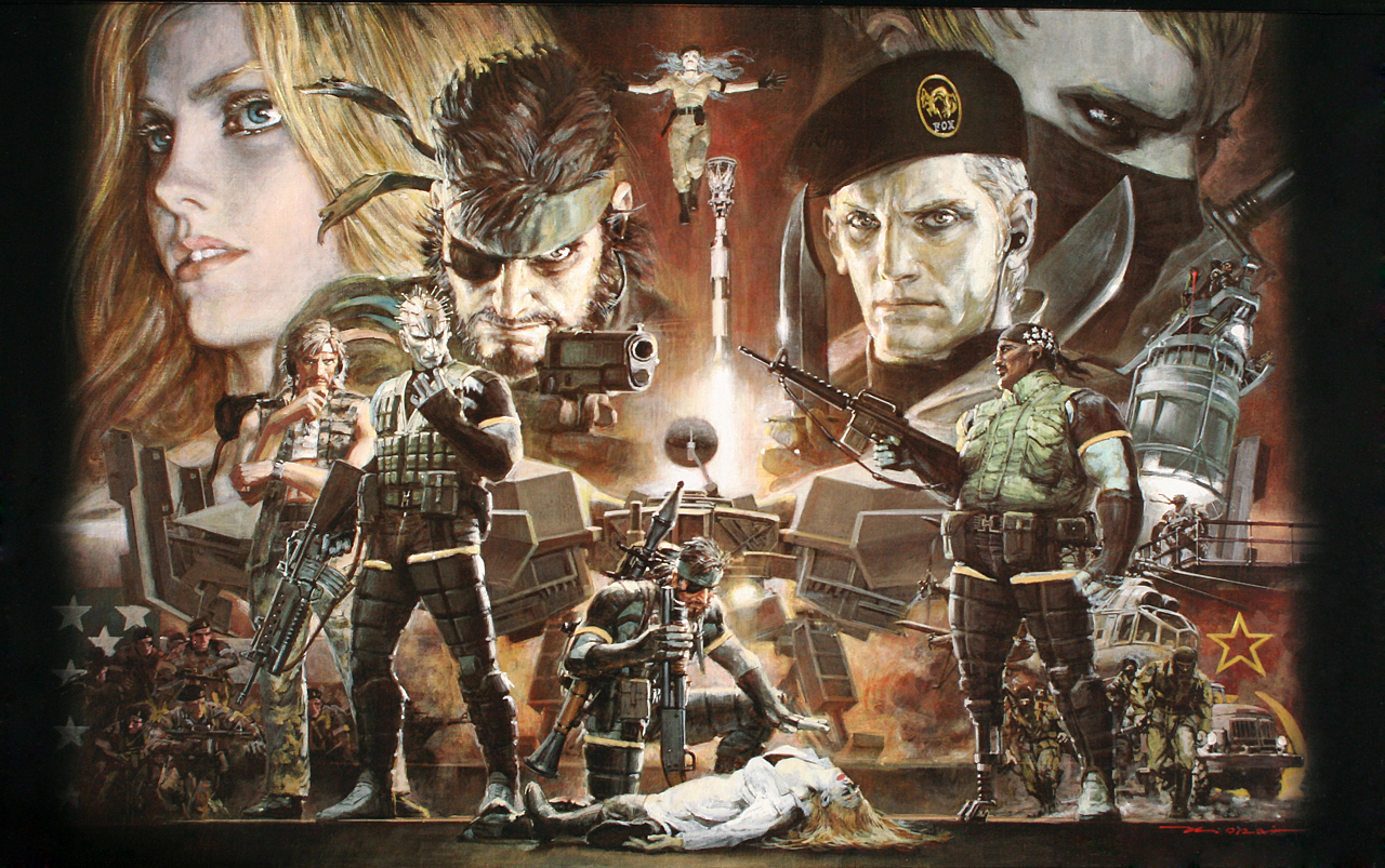 ohrai noriyoshi, takani yoshiyuki, big boss, elisa, eva (metal gear), gene (metal gear), gene (metal gear solid), lt cunningham, naked snake, null (metal gear), python, revolver ocelot, roy campbell, the boss, ursula (metal gear), konami, metal gear (series), metal gear solid: portable ops, metal gear solid 3: snake eater, psychic, official art, traditional media, 1960s (style), 1970s (style), 2girls, 6+boys, assault rifle, bandana, beret, epic, eyepatch, floating, flying, gun, handgun, hat, instrument, knife, levitation, m16, m16a1, m1911, mecha, multiple boys, multiple girls, oldschool, realistic, retro artstyle, rifle, robot, shotgun, telekinesis, weapon