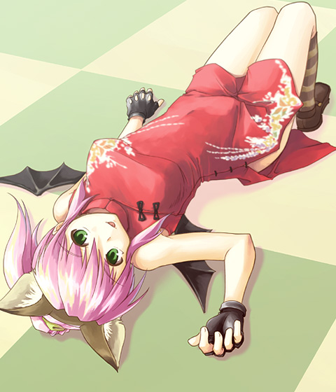 akiyama nenehisa, hana, hana (pangya), pangya, 1girl, :p, animal ears, bat wings, cat ears, china dress, chinese clothes, dress, female focus, fingerless gloves, gloves, green eyes, long hair, lying, pink hair, ponytail, side slit, solo, tongue, tongue out, wings