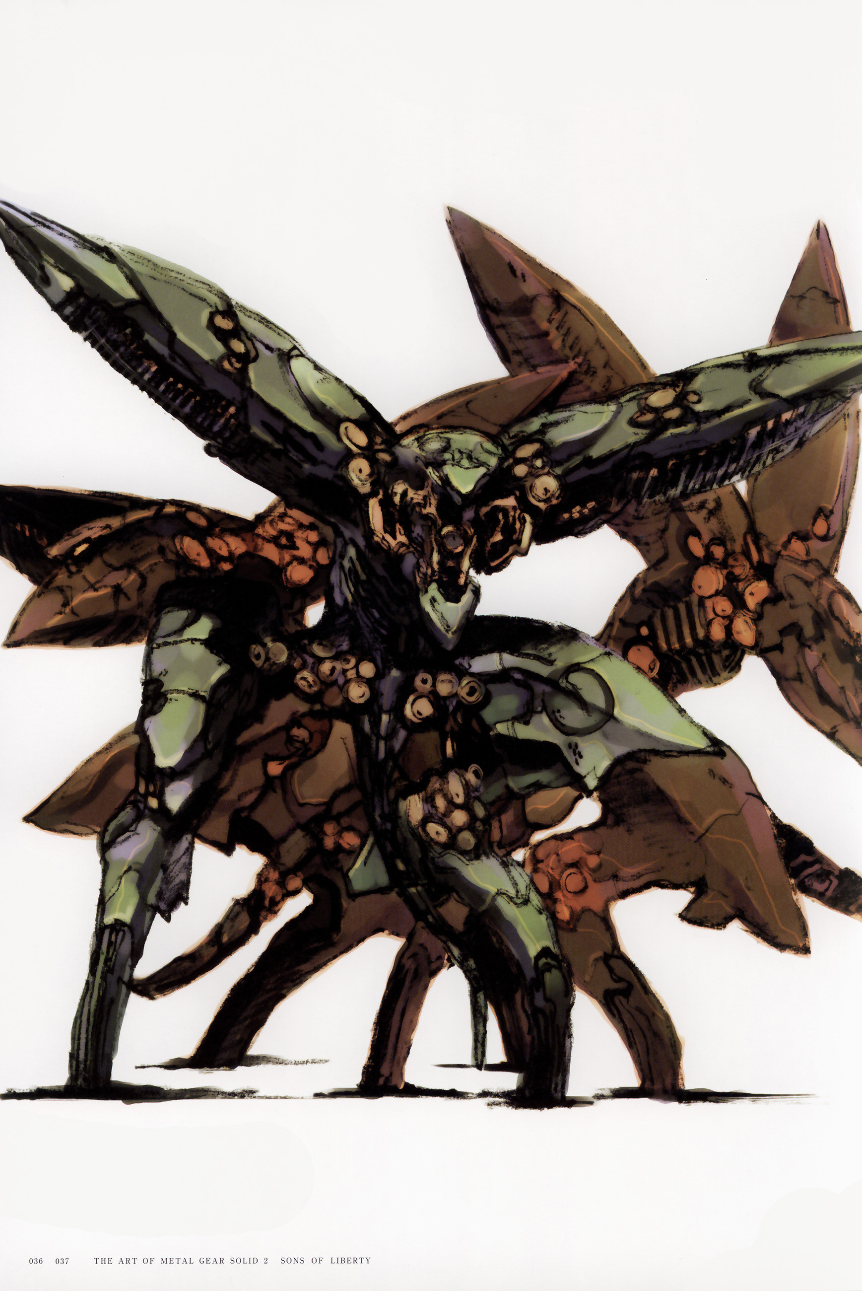shinkawa youji, metal gear ray, konami, metal gear (series), metal gear solid 2: sons of liberty, absurdres, highres, official art, scan, cannon, grey background, mecha, mouth cannon, non-humanoid robot, robot, simple background, standing, water jet cutter cannon, weapon