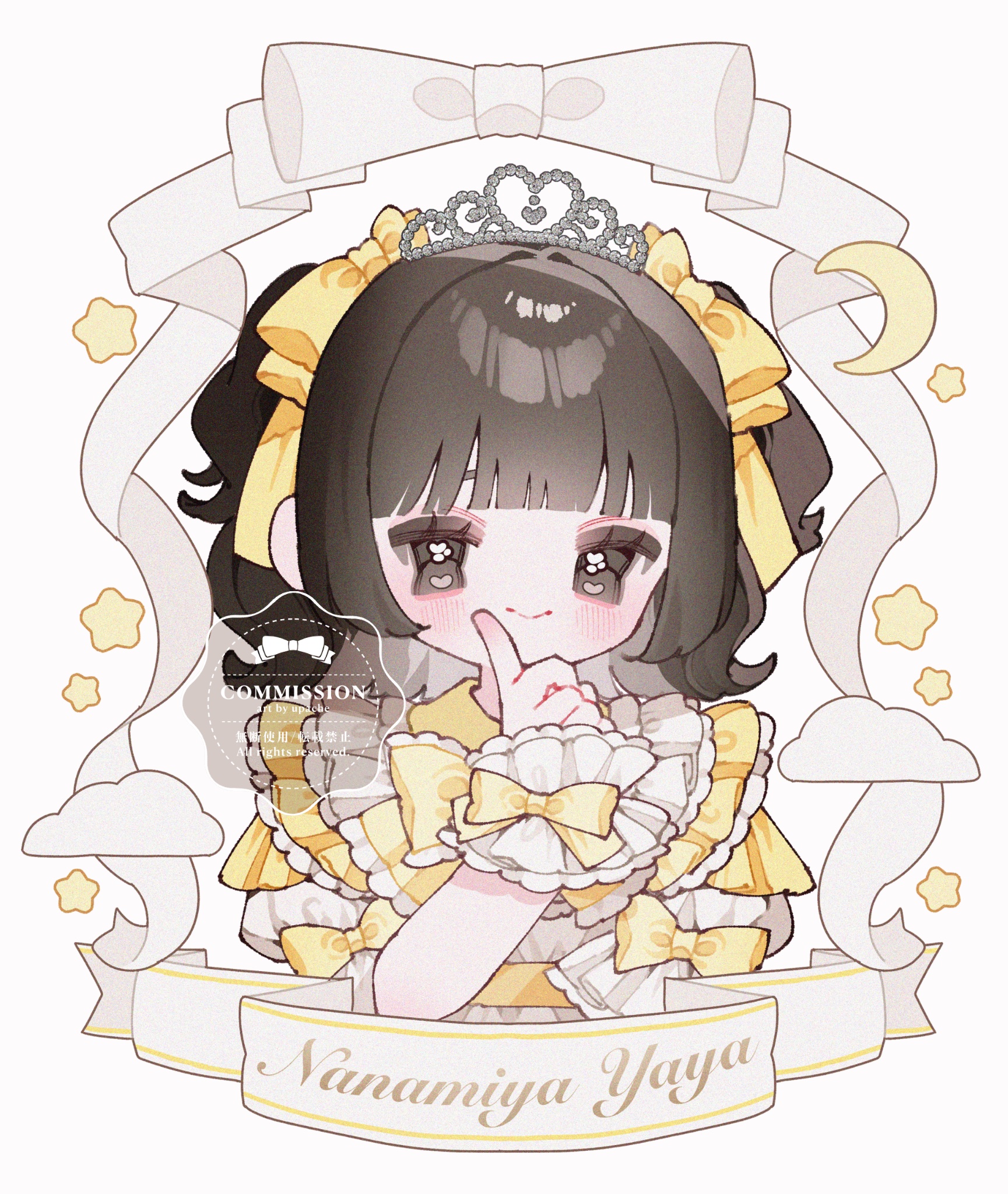upa papa co, original, commentary, commission, highres, symbol-only commentary, 1girl, black eyes, black hair, blunt bangs, blush, bow, closed mouth, cropped torso, frilled wrist cuffs, frills, hair bow, hand up, index finger raised, looking at viewer, medium hair, shirt, short sleeves, simple background, sleeve bow, smile, solo, tiara, two side up, watermark, white background, white shirt, wrist cuffs, yellow bow