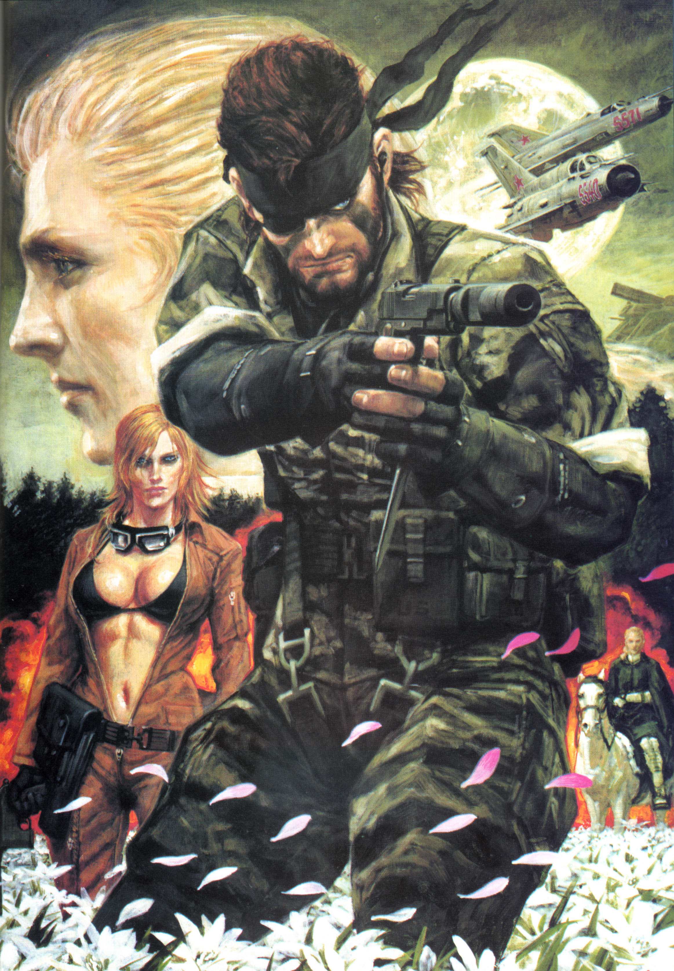 fundoshi (tofupoid), ohrai noriyoshi, takani yoshiyuki, big boss, eva (metal gear), mig-21, naked snake, the boss, konami, metal gear (series), metal gear solid 3: snake eater, absurdres, highres, official art, traditional media, 1960s (style), 1boy, 2girls, aircraft, airplane, bandana, blonde hair, blue eyes, breasts, brown hair, camouflage, canteen, epic, eyepatch, fighter jet, flower, goggles, gun, handgun, knife, m1911, medium breasts, military, military vehicle, multiple girls, oldschool, orange hair, petals, realistic, retro artstyle, russian text, soviet, suppressor, weapon