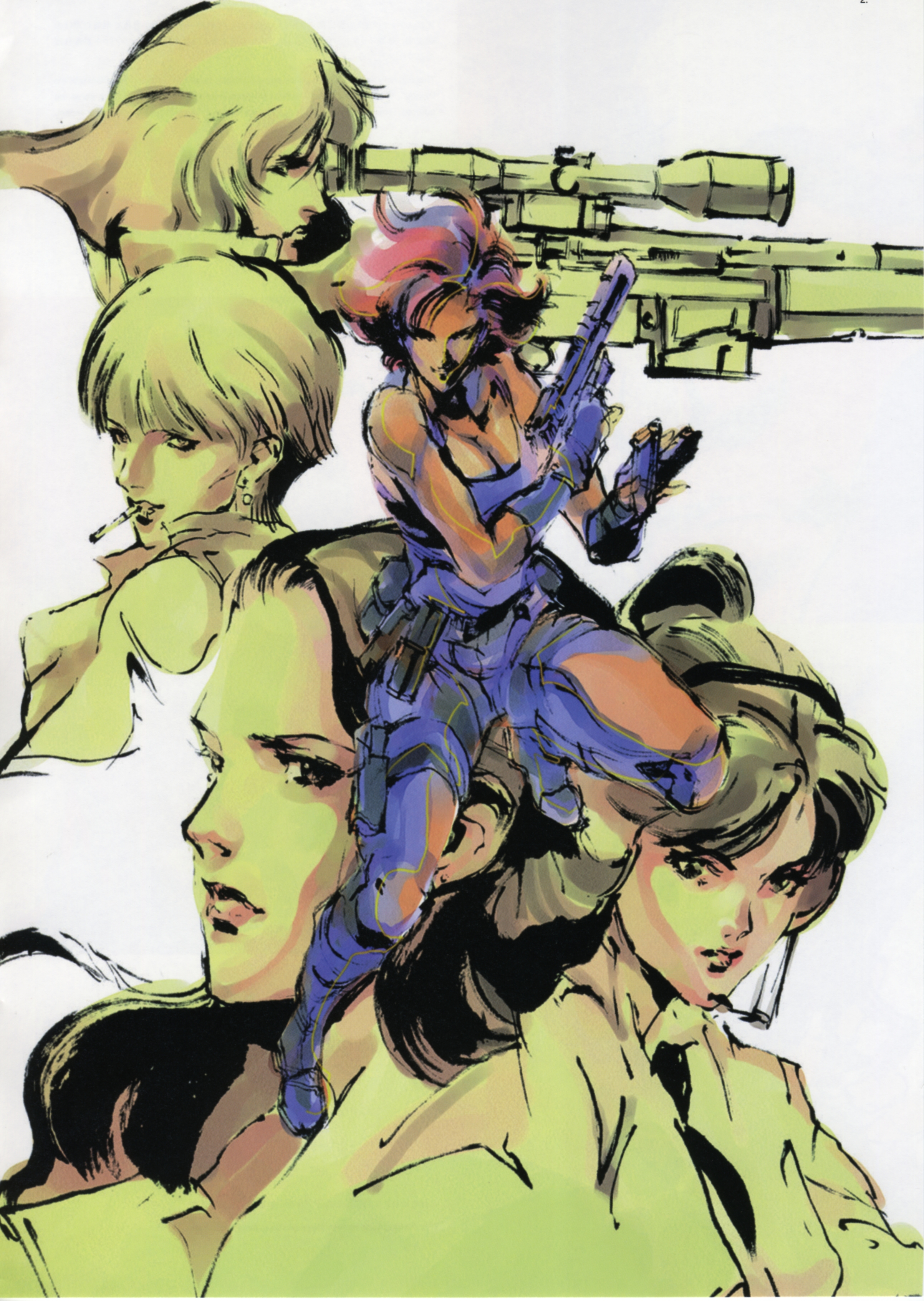 shinkawa youji, mei ling, meryl silverburgh, naomi hunter, nastasha romanenko, sniper wolf, metal gear (series), metal gear solid, absurdres, highres, official art, 4girls, 5girls, breasts, cleavage, desert eagle, earrings, gun, h&k psg1, handgun, jewelry, multiple girls, rifle, sniper rifle, stud earrings, weapon