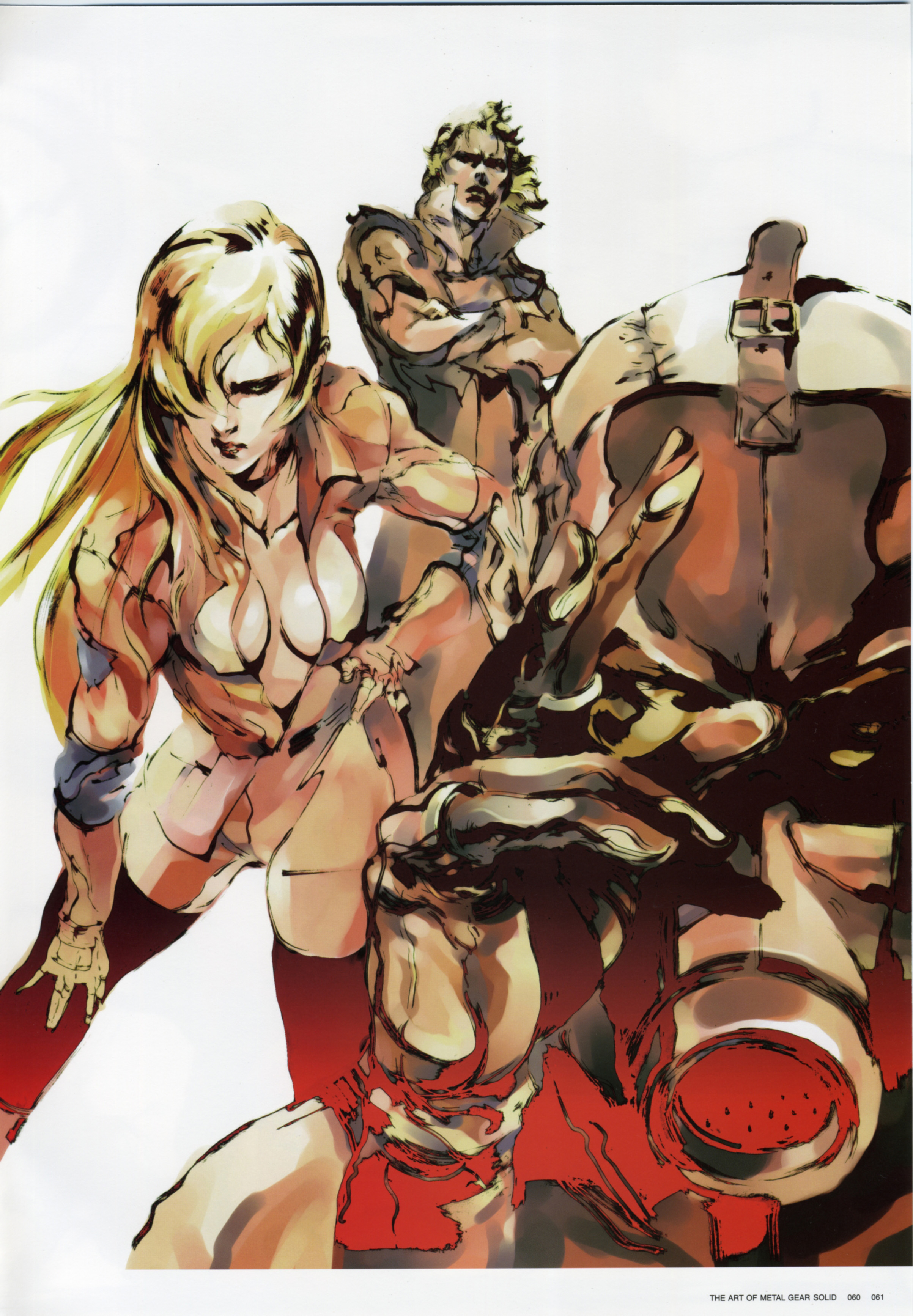 shinkawa youji, liquid snake, psycho mantis, sniper wolf, metal gear (series), metal gear solid, absurdres, highres, official art, 1girl, 2boys, multiple boys