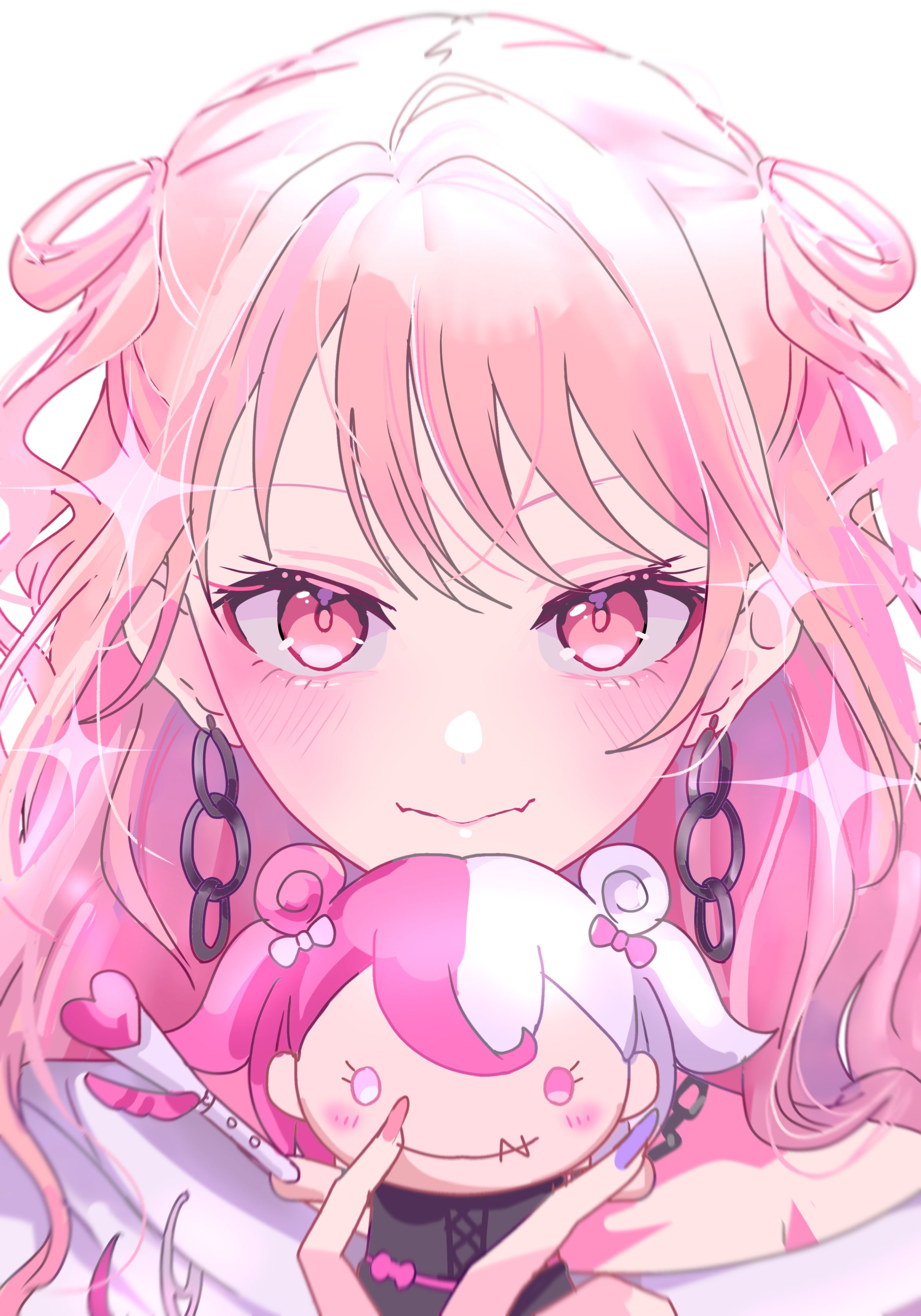 airabi, akiyama mizuki, project sekai, absurdres, highres, 1girl, 1other, blush, character doll, closed mouth, doll, earrings, holding, holding doll, hoop earrings, jewelry, long hair, looking at viewer, official alternate hairstyle, pink eyes, pink hair, portrait, solo