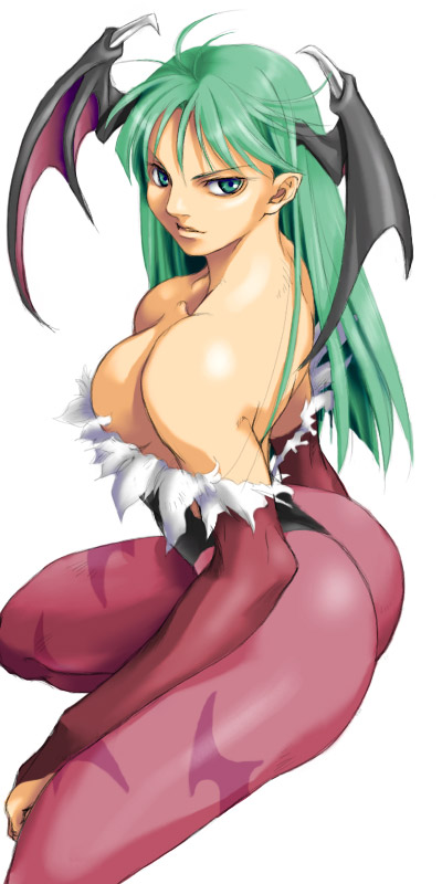 morrigan aensland, capcom, darkstalkers, 1girl, animal print, antenna hair, bare shoulders, bat print, breasts, demon girl, elbow gloves, female focus, from side, gloves, green eyes, green hair, head wings, large breasts, long hair, matching hair/eyes, off shoulder, pantyhose, parted bangs, print pantyhose, purple pantyhose, scowl, sideboob, simple background, solo, white background, wings