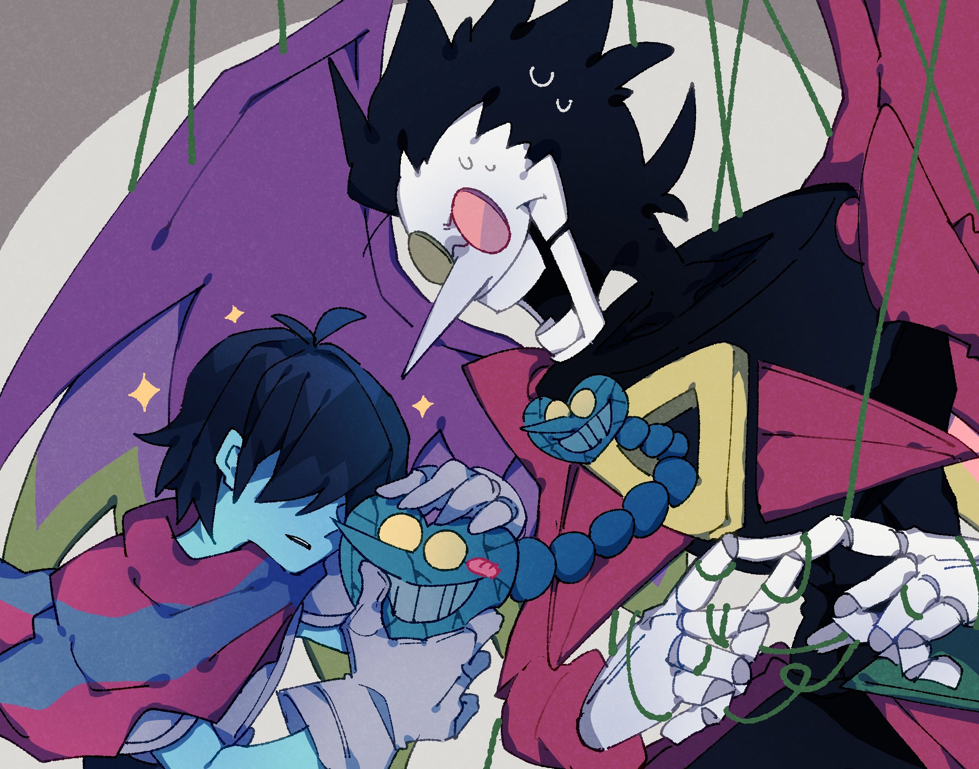 kris (dark world) (deltarune), kris (deltarune), spamton g. spamton, spamton neo, deltarune, utdr (toby fox), highres, 1boy, 1other, 2525nicc, armor, black hair, blue skin, cable, colored skin, doll joints, gloves, grey gloves, heart, heterochromatic eyewear, holding, holding heart, joints, long nose, pointy nose, round eyewear, short hair, sweat, teeth, tinted eyewear, two-tone cape, upper body, white skin, wings