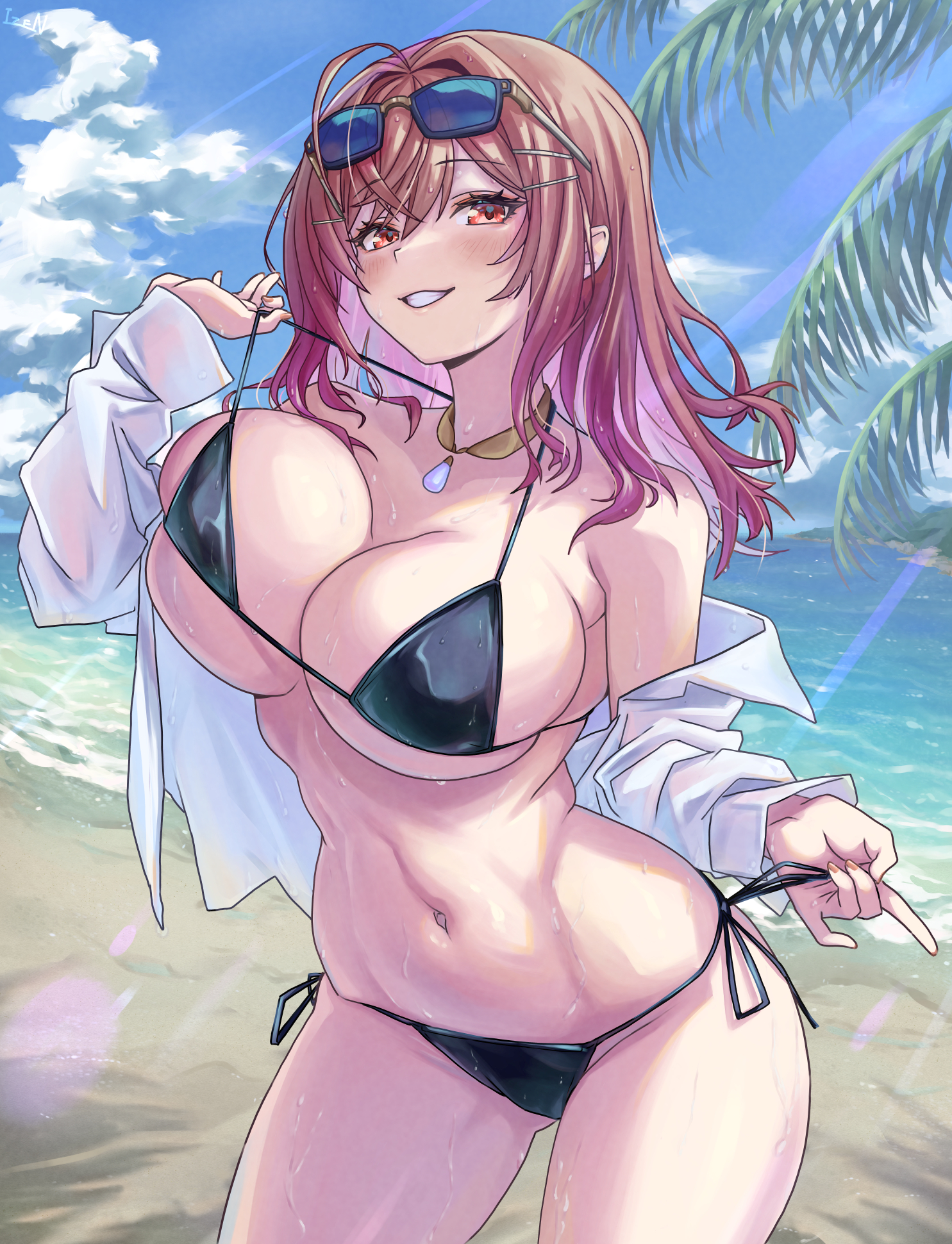 getsumenjin, ichijou ririka, hololive, hololive dev is, highres, 1girl, beach, bikini, black bikini, breasts, brown eyes, brown hair, cowboy shot, eyewear on head, large breasts, ocean, open clothes, open shirt, palm tree, sand, shirt, solo, sunglasses, swimsuit, tree, water, white shirt