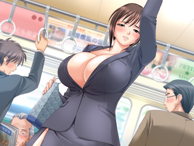 tatsunami youtoku, fusano fumie, milk junkies, milk junkies 2, vehicle, game cg, 1girl, 3boys, bag, blush, breasts, brown eyes, brown hair, bus, bus interior, business suit, cleavage, covered erect nipples, curvy, formal clothes, hand grip, handbag, holding hand grip, huge breasts, jacket, mature female, motor vehicle, multiple boys, nipples, no bra, no panties, no shirt, open clothes, pencil skirt, pov, short hair, skirt, skirt suit, smile, solo focus, suit