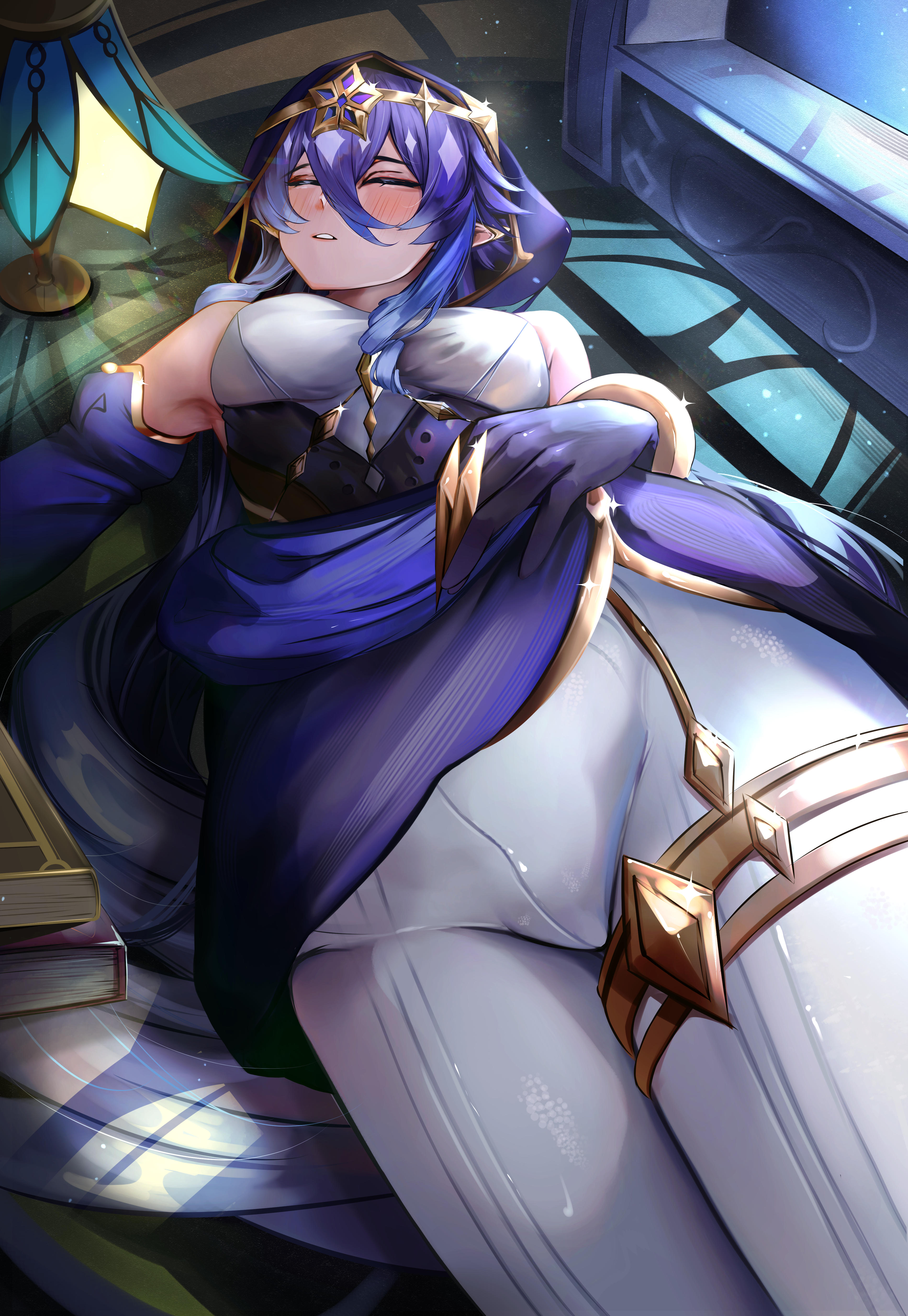 dooogge, layla (genshin impact), genshin impact, absurdres, highres, paid reward available, 1girl, bare shoulders, blue hair, blush, book, book stack, breasts, claw ring, closed eyes, crotch seam, detached sleeves, dress, drill hair, drill sidelocks, gloves, hair between eyes, hand rest, hood, hood up, jewelry, leggings, long hair, lying, multicolored hair, on back, on ground, parted lips, pointy ears, purple hair, sidelocks, sleeping, solo, two-tone hair, white leggings