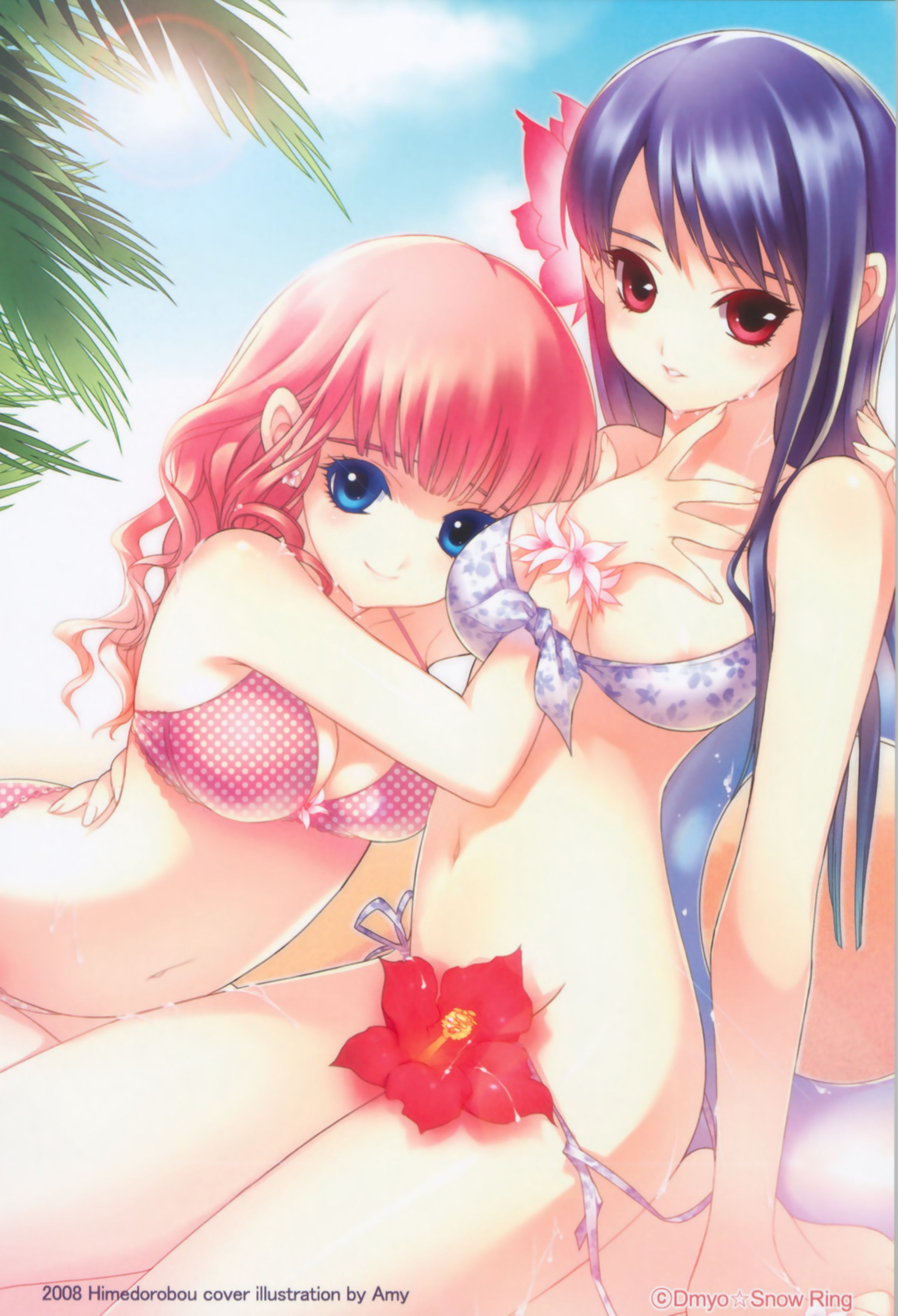 shirahane nao, absurdres, highres, 2girls, bikini, blue eyes, blue hair, breasts, cleavage, day, flower, hibiscus, long hair, medium breasts, multiple girls, pink hair, red eyes, saliva, skindentation, swimsuit, yuri