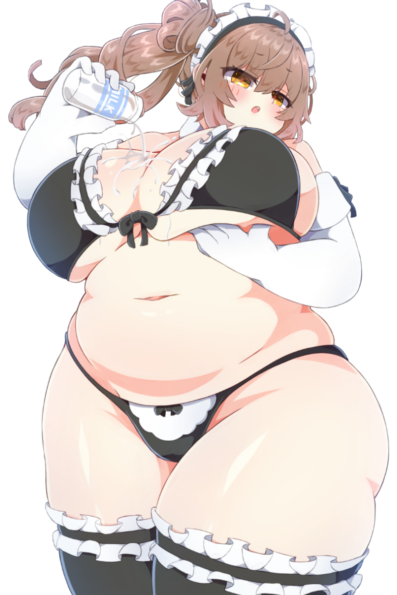 konbu latte, konbulatte, sasara sato, cevio, 1girl, arm under breasts, bikini, black bikini, black thighhighs, blush, bottle, breast lift, breasts, brown hair, cleavage, elbow gloves, frilled bikini, frilled hairband, frilled thighhighs, frills, gloves, hair bun, hairband, holding, holding bottle, huge breasts, long hair, maid, maid bikini, maid headdress, milk, milk on breasts, navel, oepn mouth, plump, pouring, pouring onto self, side bun, side ponytail, single hair bun, solo, standing, swimsuit, thick thighs, thighhighs, thighs, unconventional maid, white background, white gloves, wide hips, yellow eyes