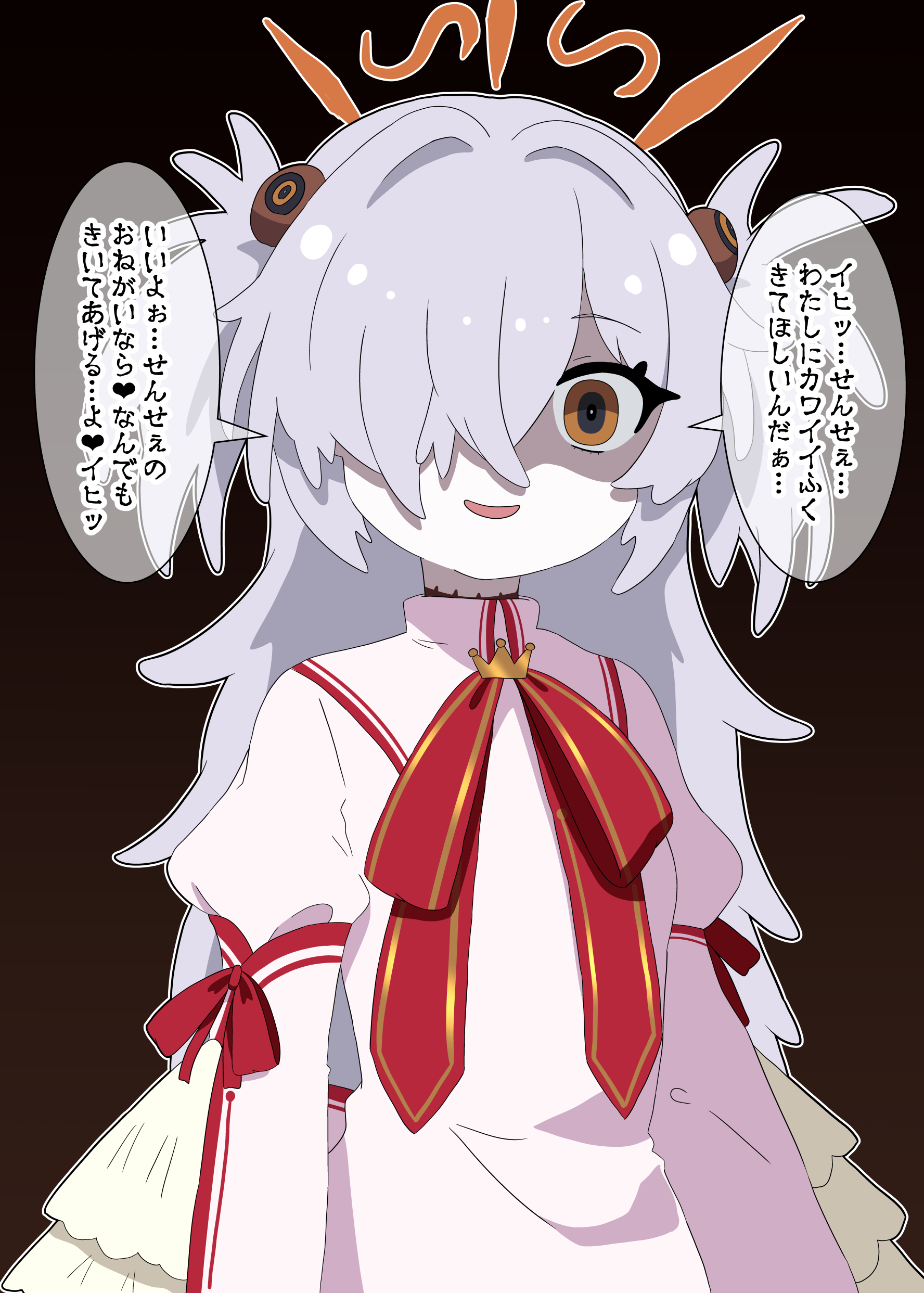 aya-cis, kanoe (blue archive), blue archive, rewrite, absurdres, commentary request, highres, partial commentary, translated, 1girl, :d, alternate costume, arms at sides, black eyes, brown background, brown eyes, cowboy shot, crazy eyes, crazy smile, crown, dress, eyeball hair ornament, frilled sleeves, frills, gradient background, grey hair, hair over one eye, halo, heart, juliet sleeves, kazamatsuri institute high school uniform, long bangs, long hair, long sleeves, looking at viewer, mini crown, multicolored eyes, neck ribbon, one eye covered, open mouth, orange halo, outline, pink dress, puffy sleeves, red ribbon, ribbon, scar, scar on neck, school uniform, shaded face, simple background, smile, solo, speech bubble, spiked hair, trait connection, two-tone eyes, two side up, very long hair, white outline, wide-eyed, wide sleeves